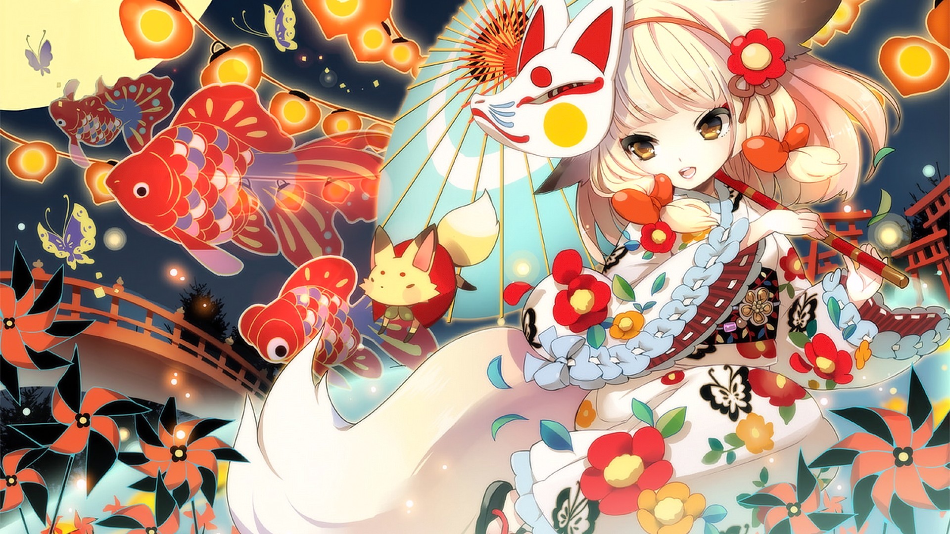 Anime 1920x1080 anime anime girls smiling brown eyes blonde long hair open mouth looking at viewer original characters animal ears festivals umbrella Japanese clothes fish flowers butterfly kimono mask night fantasy art fantasy girl