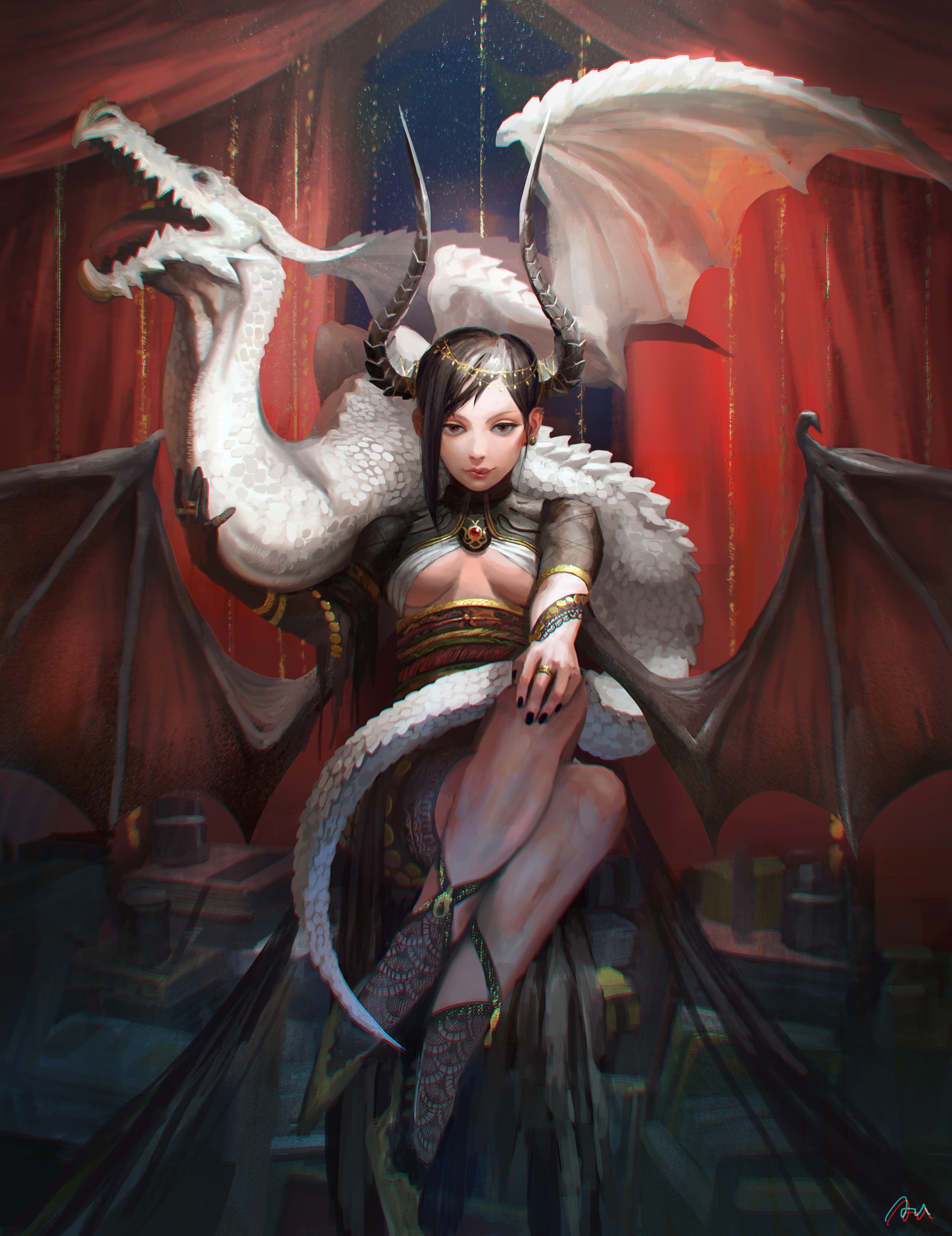 General 1578x2048 fantasy art dragon succubus boobs Dragon Wings women horns fantasy girl looking at viewer legs together black nails painted nails