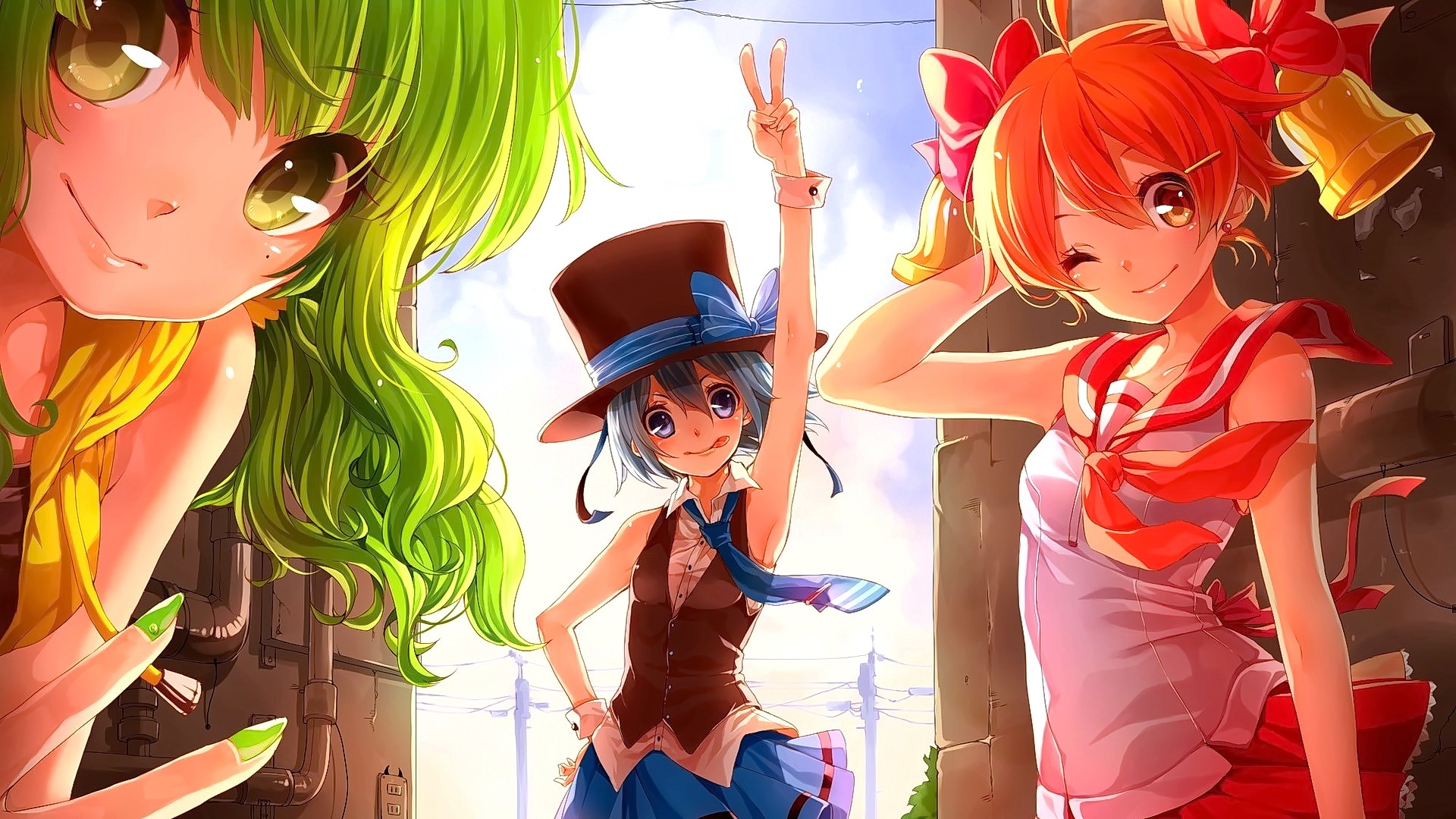 Anime 1920x1080 anime anime girls gray hair redhead green hair long hair green eyes gray eyes hat looking at viewer wink smiling Utau women trio hand gesture one eye closed tie women with hats bell tongues tongue out