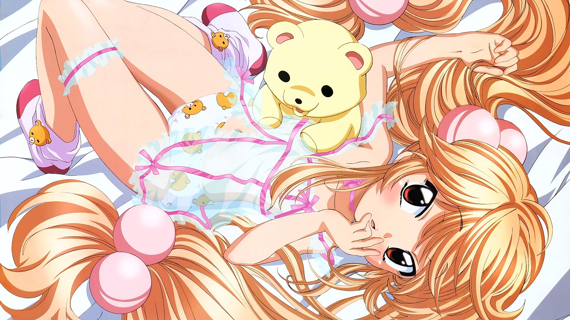 Anime 1920x1080 anime anime girls blonde long hair in bed panties underwear looking at viewer kodomo no jikan Rin Kokonoe thighs together thighs plush toy face red eyes