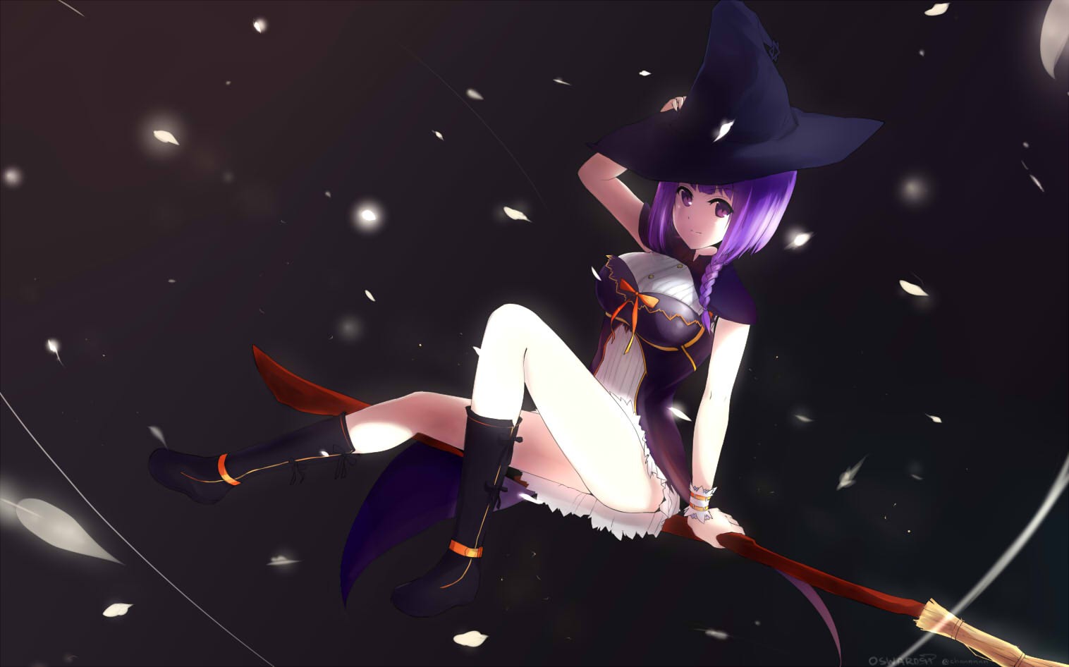 Anime 1516x946 anime anime girls witch witch hat legs purple hair purple eyes fantasy art fantasy girl Pixiv hat women with hats shoulder length hair boobs