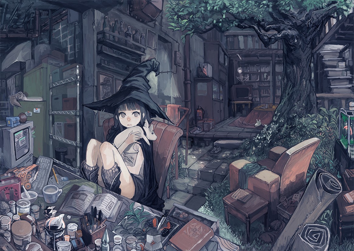 Anime 1165x826 witch room women indoors pigs animals knees witch hat anime girls anime trees interior computer fantasy art fantasy girl