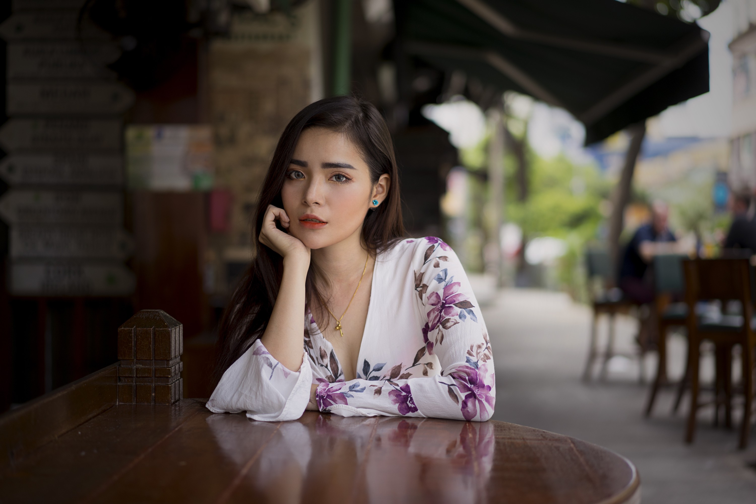 People 3000x2000 Asian women table urban city model looking at viewer women outdoors earring flower dress dress white clothing white dress red lipstick makeup sitting long hair