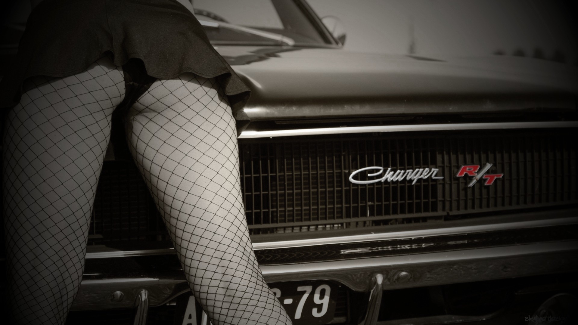 People 1920x1080 Dodge Charger legs ass women with cars pantyhose women vehicle Dodge numbers car model selective coloring fishnet pantyhose rear view