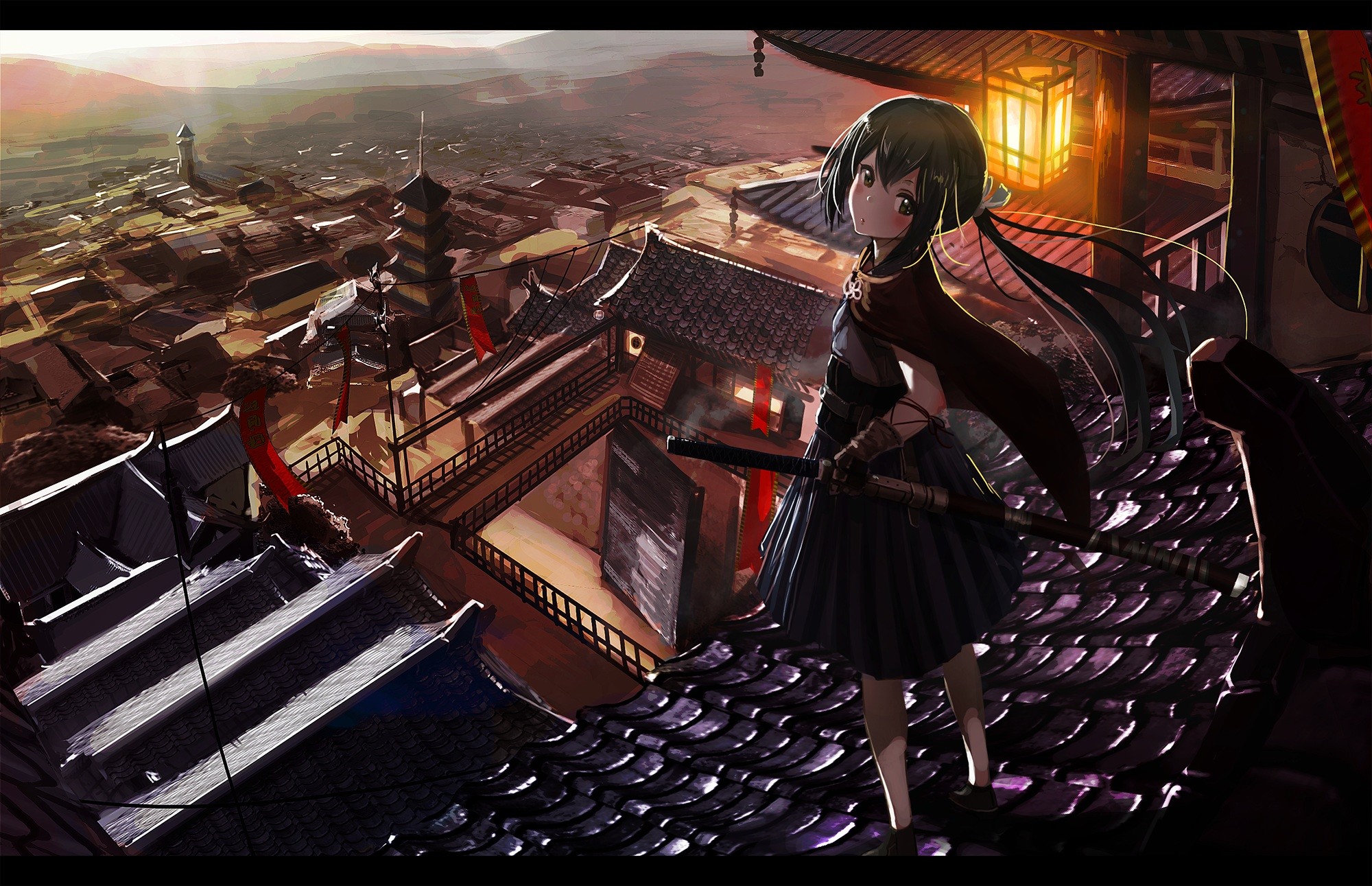 Anime 2000x1291 anime anime girls Japanese clothes sword katana long hair Pixiv rooftops cityscape women outdoors fantasy city fantasy art fantasy girl looking at viewer weapon standing