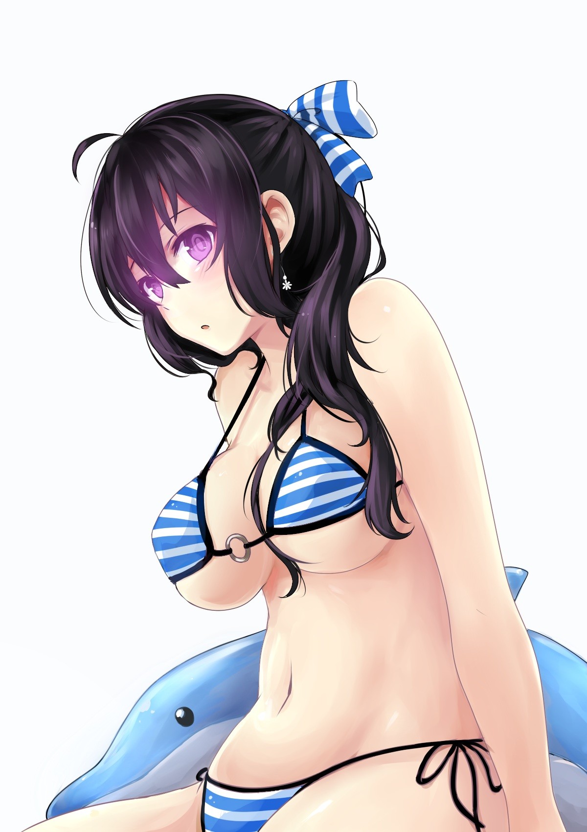 Anime 1200x1700 Miyaura Sanshio bikini cleavage underboob purple eyes long hair glowing eyes dark hair big boobs anime girls