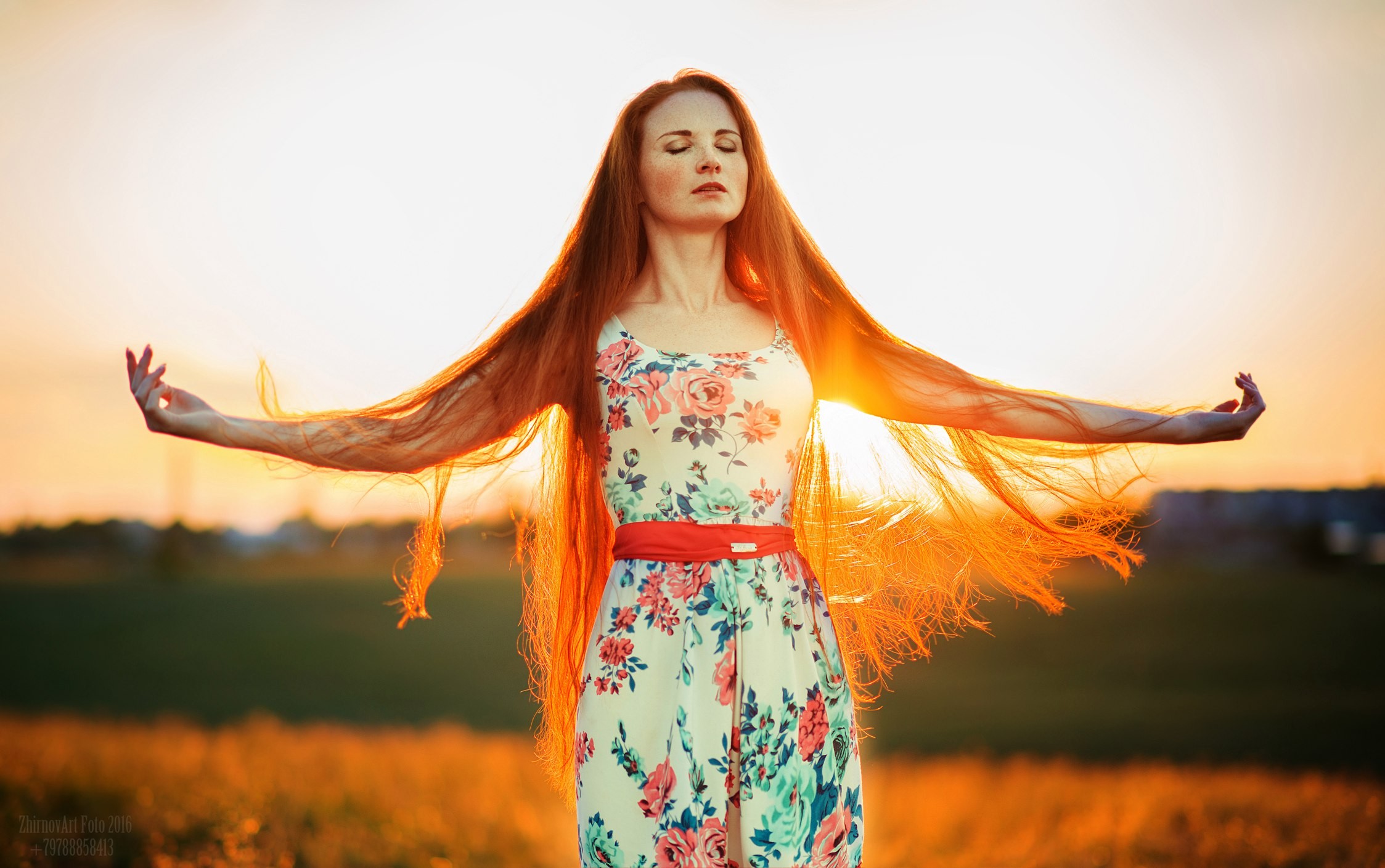 People 2247x1409 sunlight closed eyes women outdoors model women Ilya Zhirnov summer  dress redhead outdoors dress long hair flower dress 2016 (year) watermarked standing