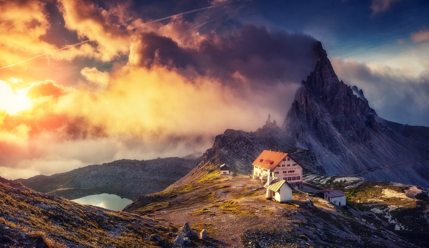 General 1400x812 nature photography landscape mountains sunset sky clouds lake summer cabin Alps Three Peaks of Lavaredo