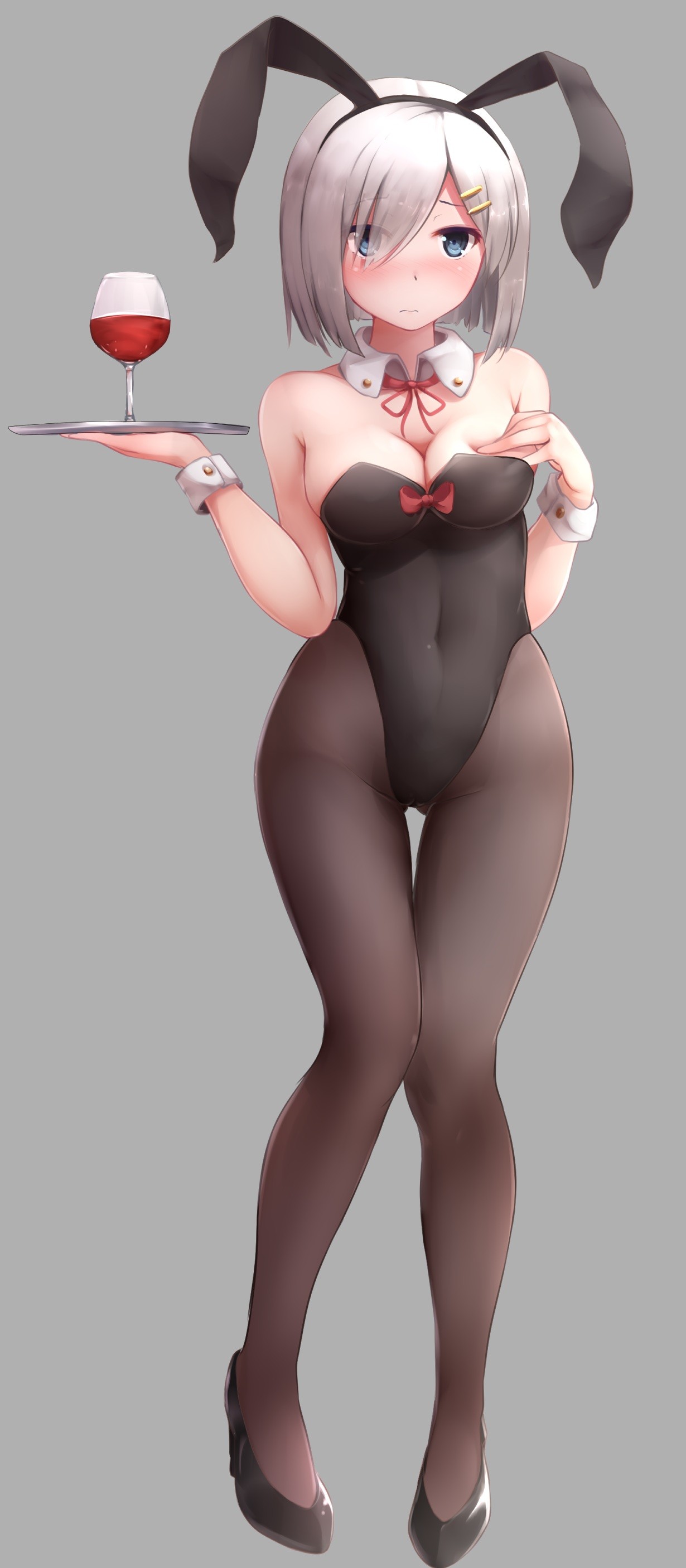 Anime 1230x2812 anime anime girls Kantai Collection Hamakaze (KanColle)  animal ears bunny ears bunny girl cameltoe cleavage heels short hair gray hair blue eyes bunny suit pantyhose squeezing breast thighs together