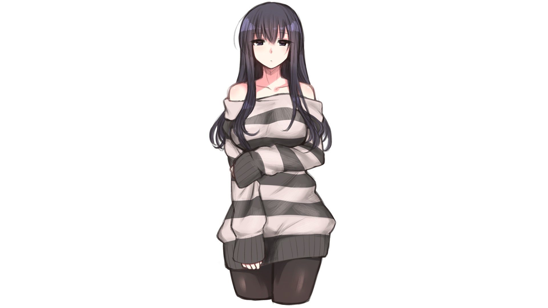 Anime 1920x1080 anime girls sweater looking at viewer anime women striped sweaters striped clothing white background simple background brunette long hair dark hair