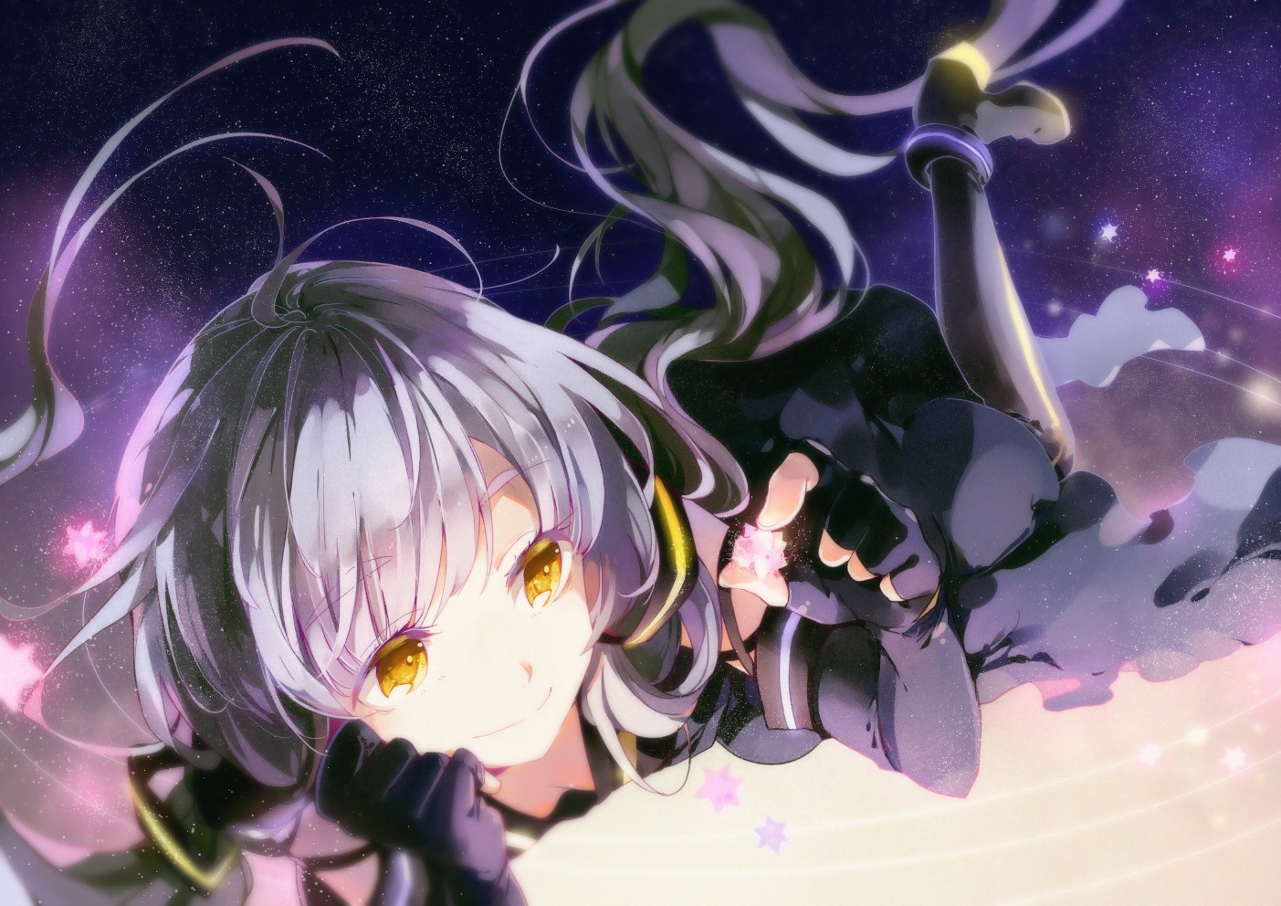 Anime 1403x992 boots dress elbow gloves gray hair long hair thigh-highs twintails Vocaloid China yellow eyes Stardust (Vocaloid)