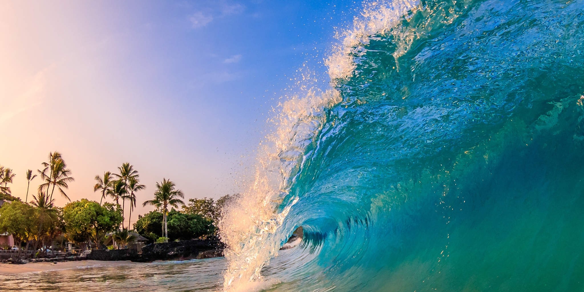 General 2048x1025 photography nature landscape waves sea beach palm trees turquoise water morning sunlight