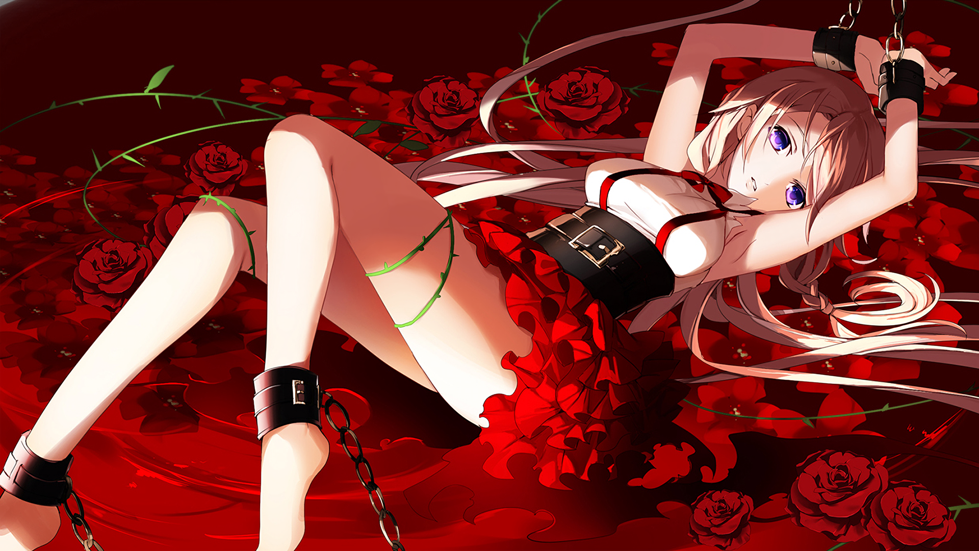 Anime 1920x1080 IA (Vocaloid) Vocaloid Shackled lying on back arms up thorns rose shackles flowers plants Pixiv purple eyes thighs legs
