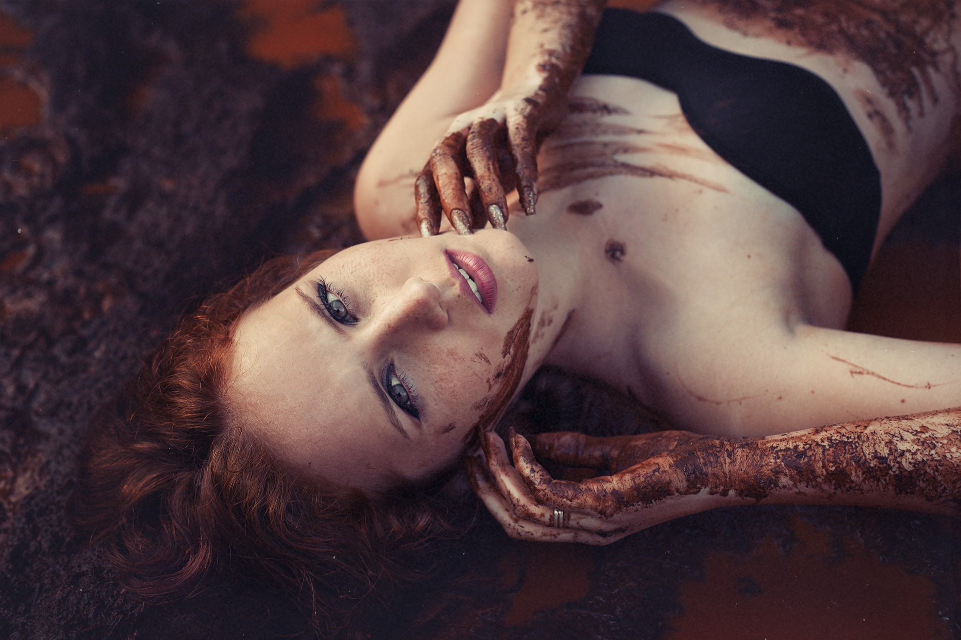 People 1920x1280 women redhead strapless bras bra looking at viewer red lipstick lying on back women outdoors freckles armpits mud dirty black bras black underwear underwear face makeup closeup painted nails dyed hair model
