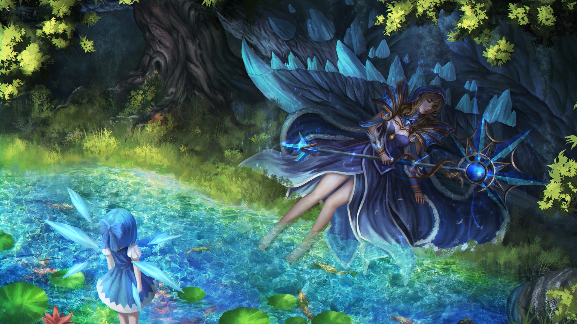 Anime 1920x1080 animals cyan hair armor barefoot hair bows Cirno Dota 2 dress fish forest grass hoods leaves long hair staff trees water Rylai crossover League of Legends