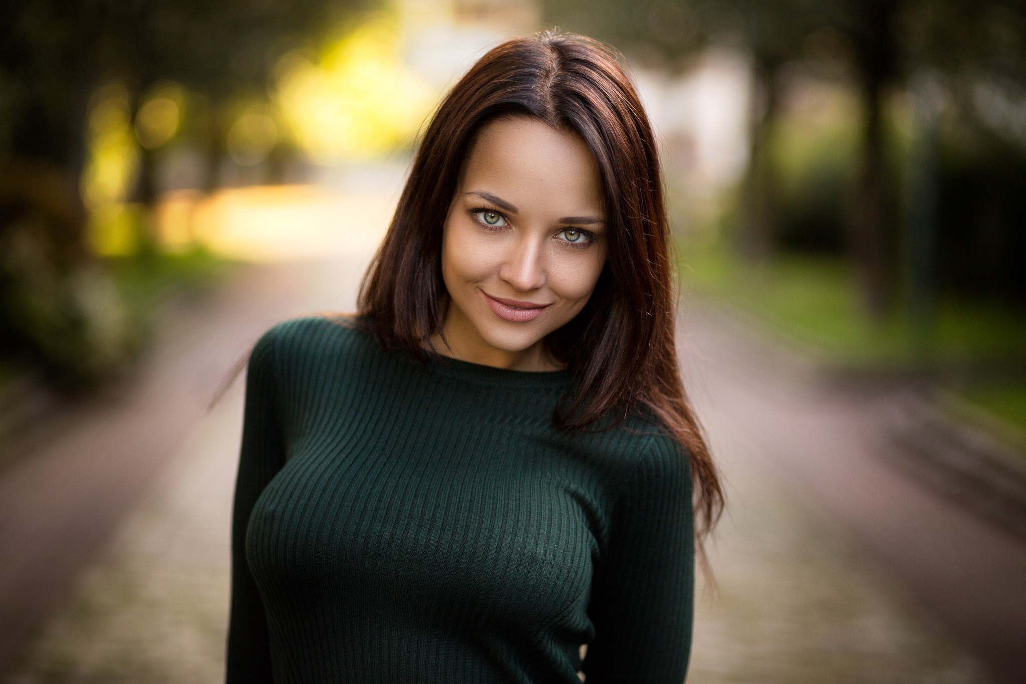 People 2048x1365 women model smiling portrait depth of field sweater green sweater nipple bulge Ukrainian Ukrainian women