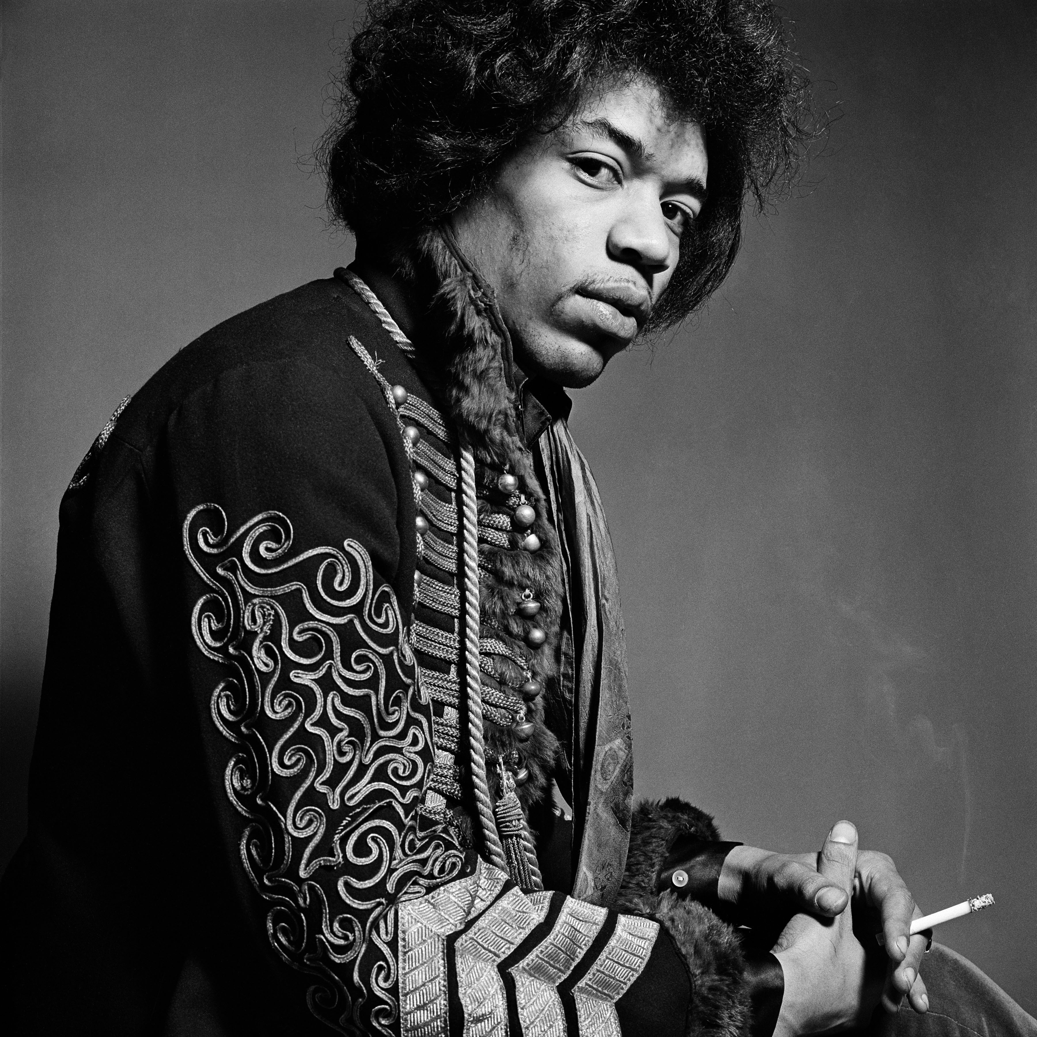 People 3600x3600 men musician Jimi Hendrix monochrome guitarist simple background cigarettes looking at viewer smoke