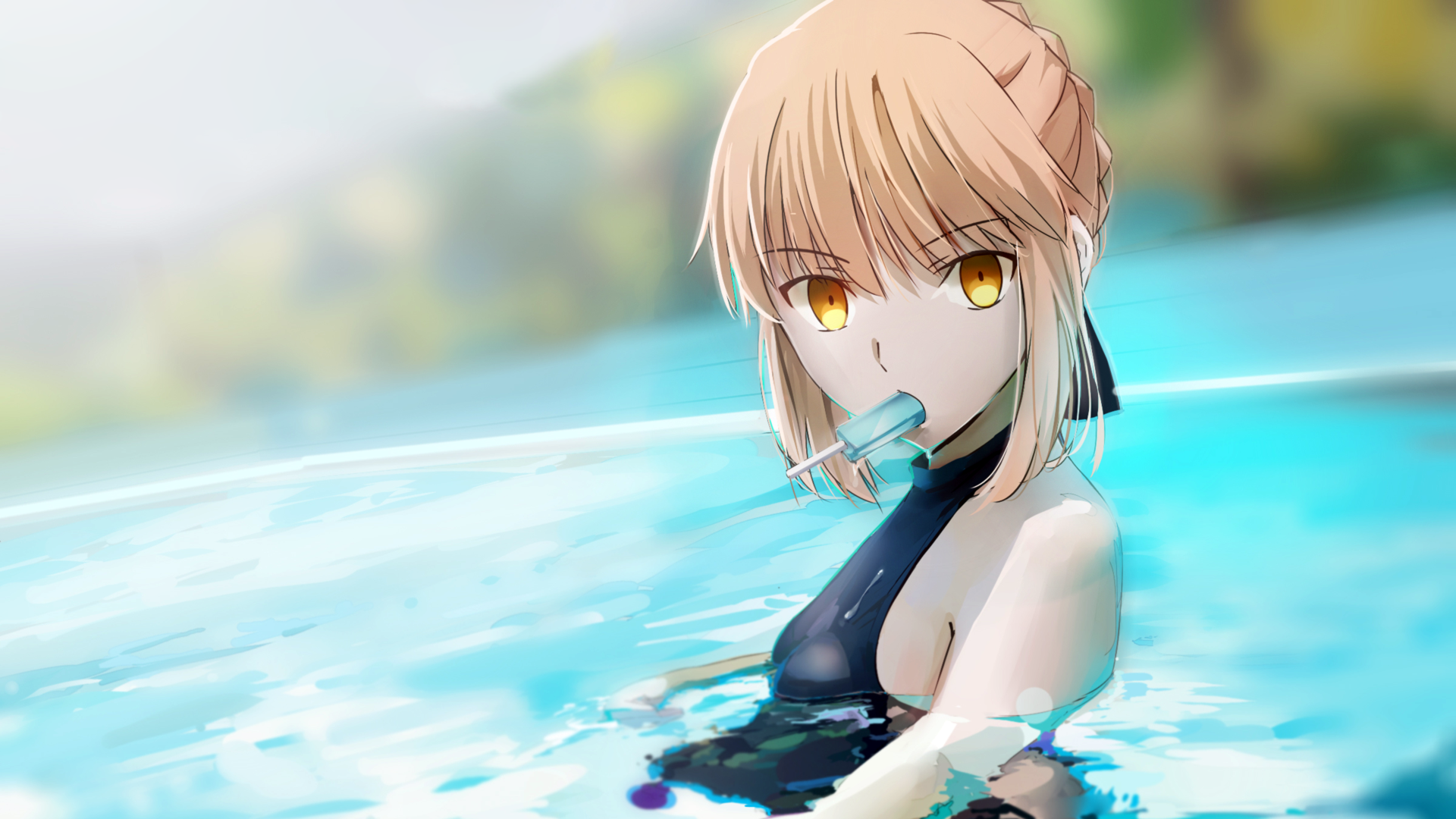 Anime 1920x1080 anime girls ice cream anime Fate series Saber Alter Artoria Pendragon blonde yellow eyes suggestive popsicle food sweets in water water women outdoors swimwear looking at viewer