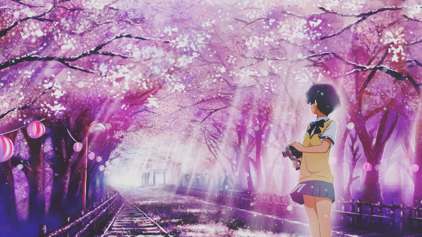Anime 1366x768 manga Kanna Tanigawa Ano Natsu de Matteru anime anime girls camera trees cherry blossom skirt standing looking away