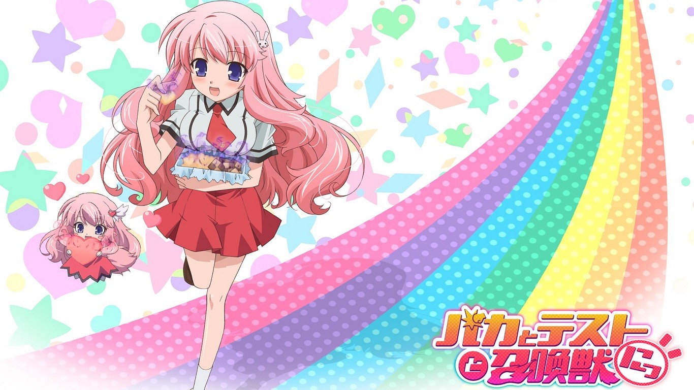 Anime 1366x768 Baka to Test to Shoukanjuu  anime anime girls colorful pink hair purple eyes legs skirt tie long hair