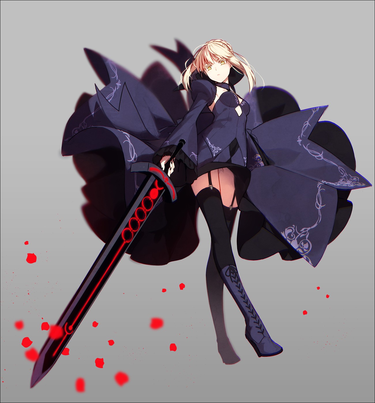 Anime 1300x1398 Saber Alter Fate series anime girls sword blonde stockings simple background anime women with swords black stockings gray background looking at viewer yellow eyes legs weapon