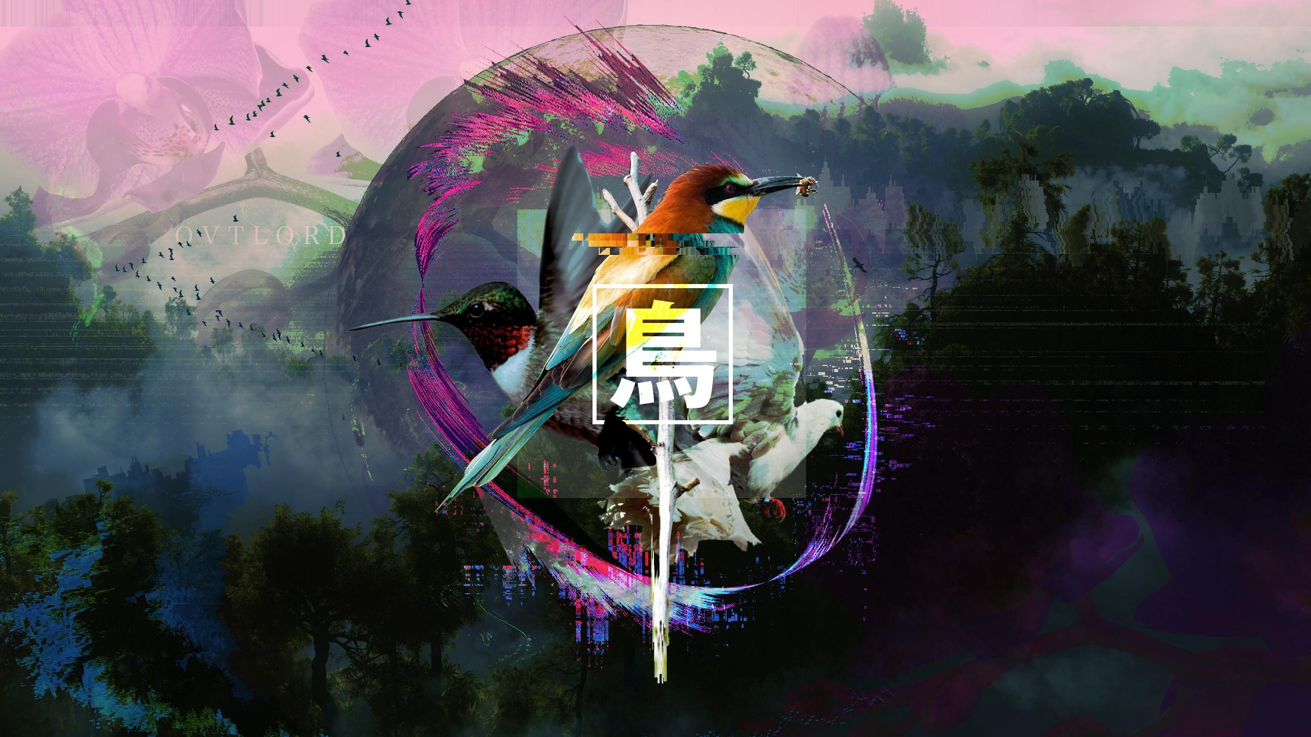 General 2560x1440 vaporwave birds forest kanji animals nature glitch art bee-eaters digital art