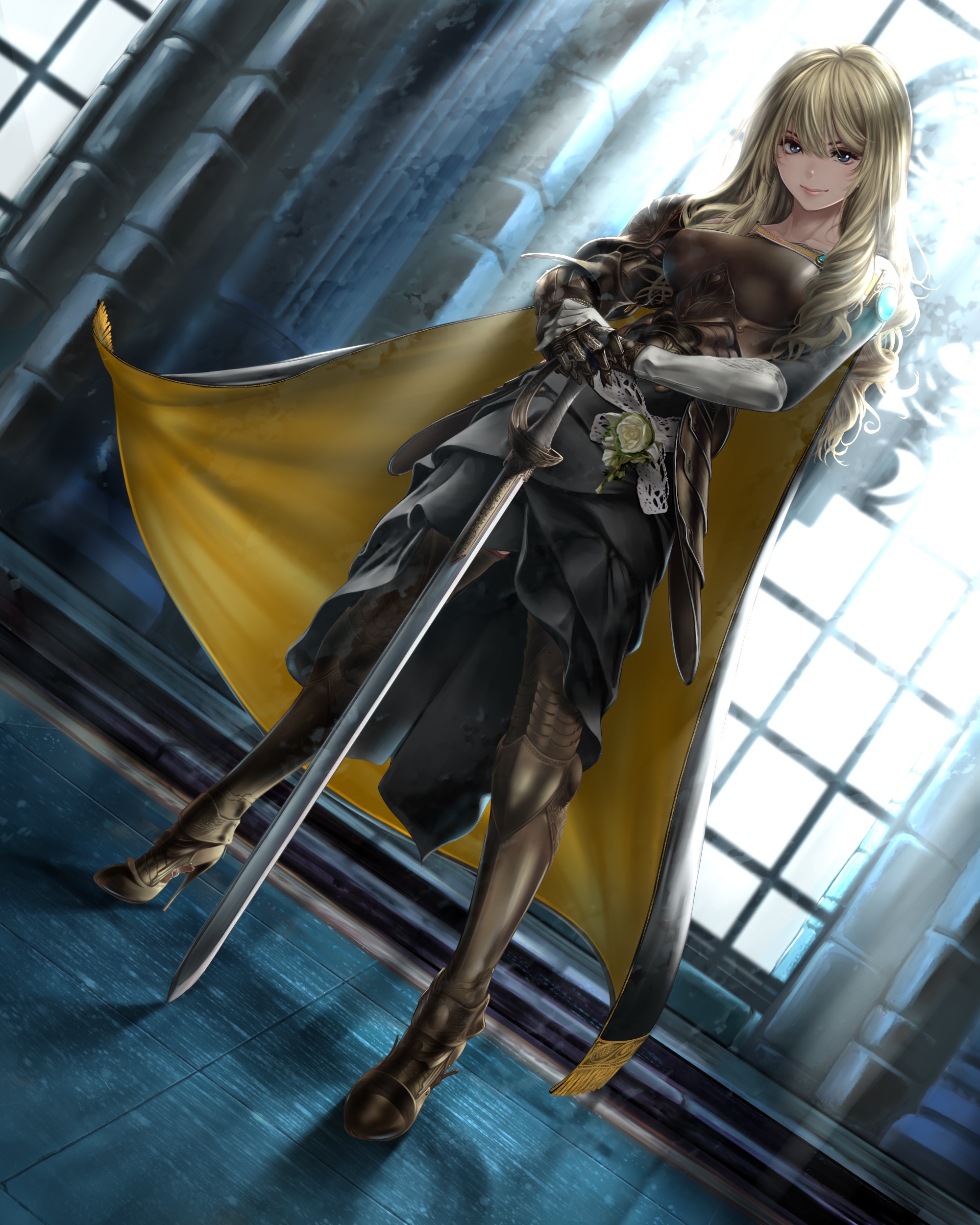 Anime 2000x2500 anime anime girls armor heels sword long hair original characters Pixiv girls with guns women with swords standing looking at viewer women weapon blonde fantasy art fantasy girl Ape fantasy armor