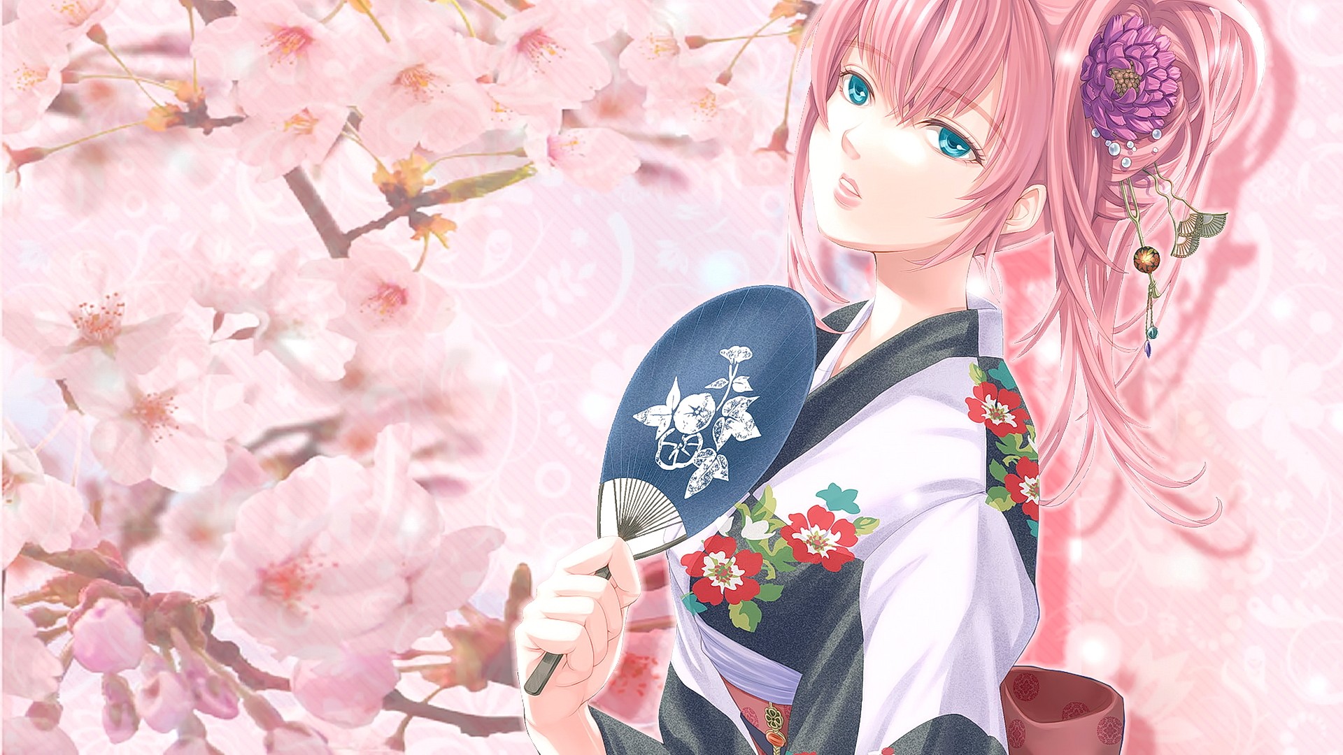 Anime 1920x1080 anime anime girls long hair pink hair blue eyes looking at viewer Japanese clothes cherry blossom fantasy art fantasy girl aqua eyes traditional clothing