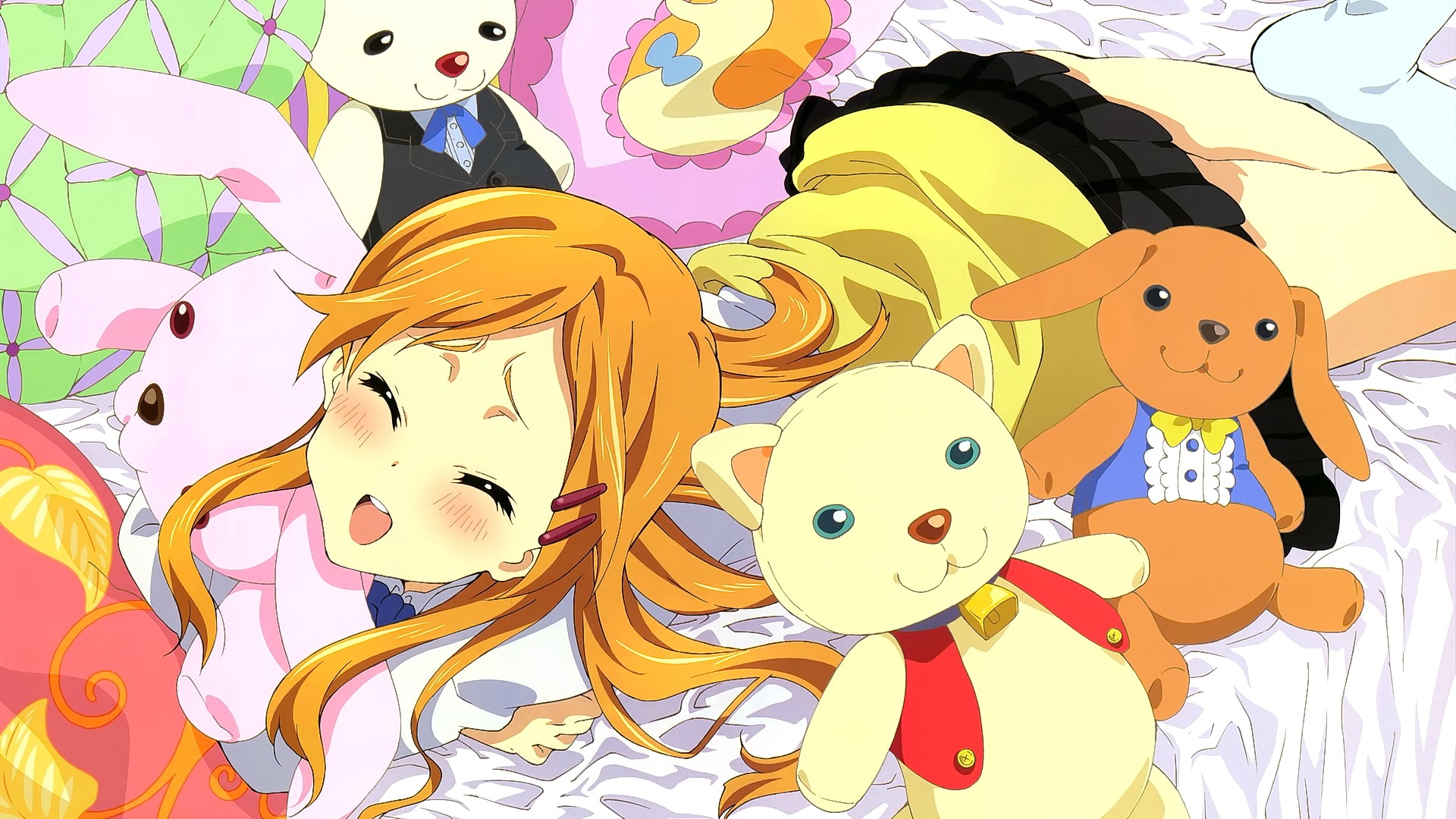 Anime 1920x1080 anime anime girls long hair closed eyes open mouth smiling plush toy