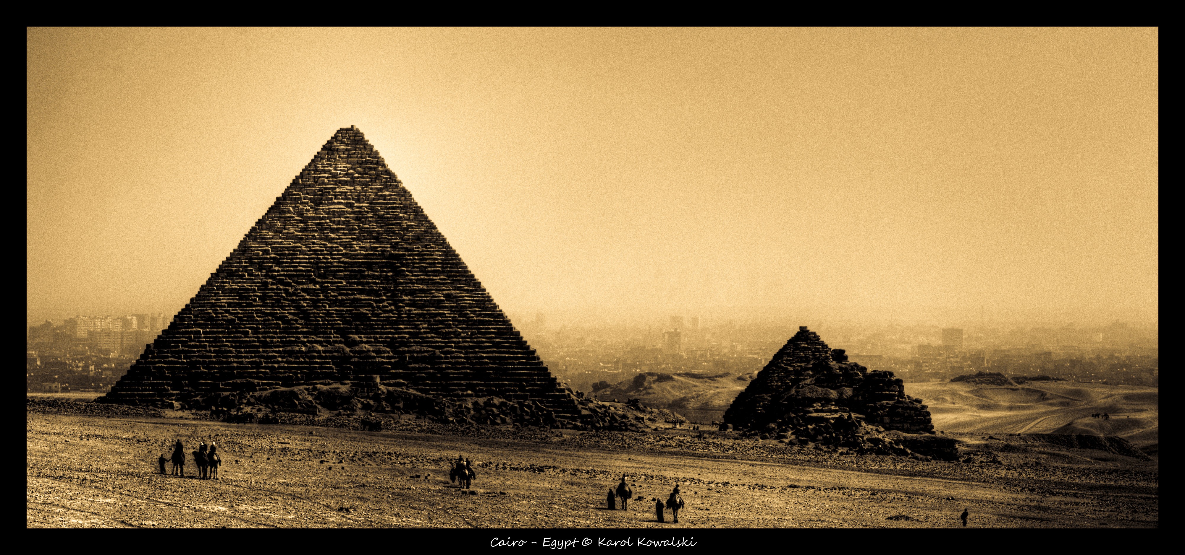 General 4007x1879 Egypt pyramid photography sepia history DeviantArt landmark World Heritage Site Pyramids of Giza low light watermarked monochrome frame