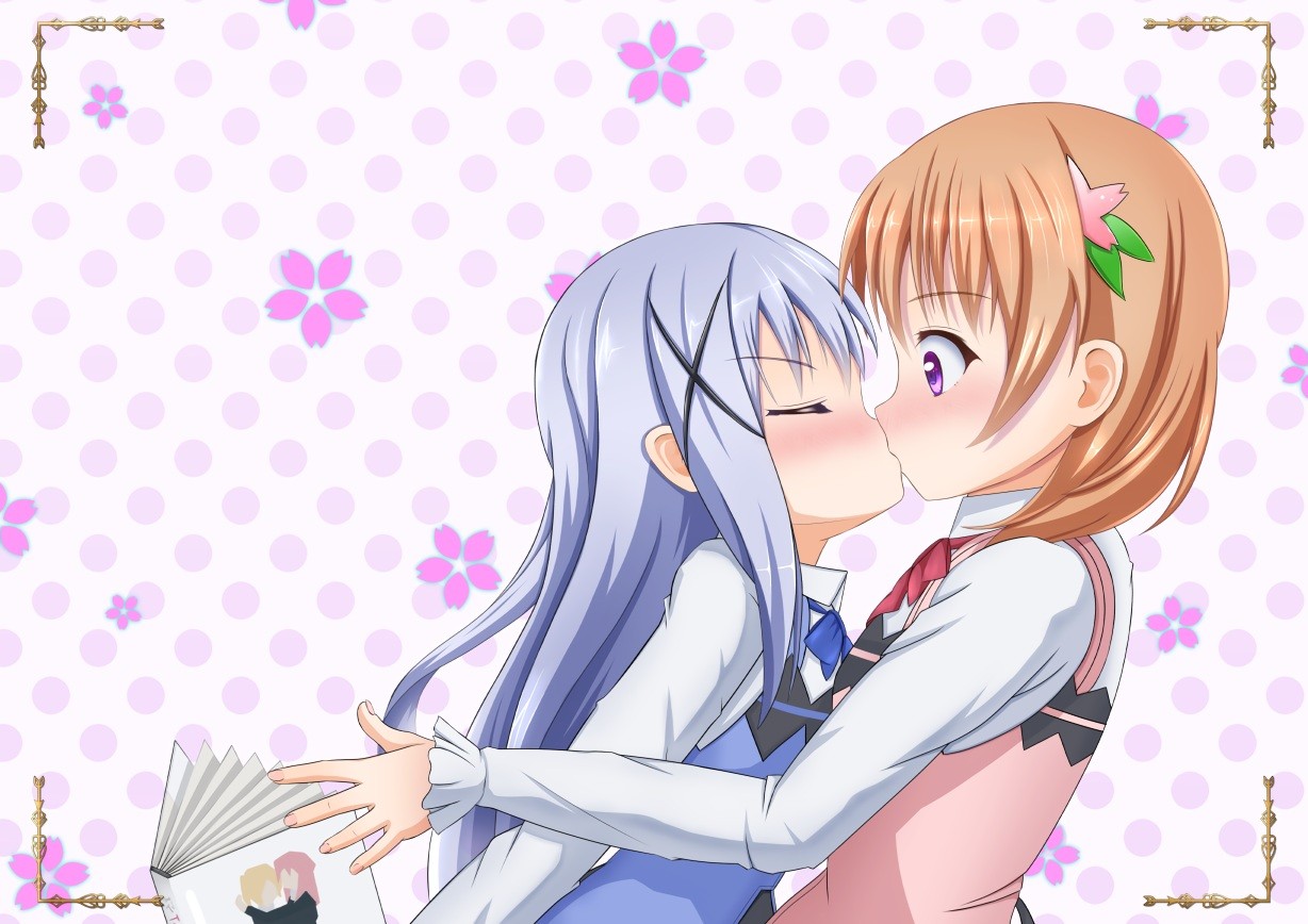 Anime 1228x868 anime anime girls Gochuumon wa Usagi Desu ka? Sakura Trick Hoto Kokoa Kafuu Chino loli waitress kissing yuri two women long hair Pixiv