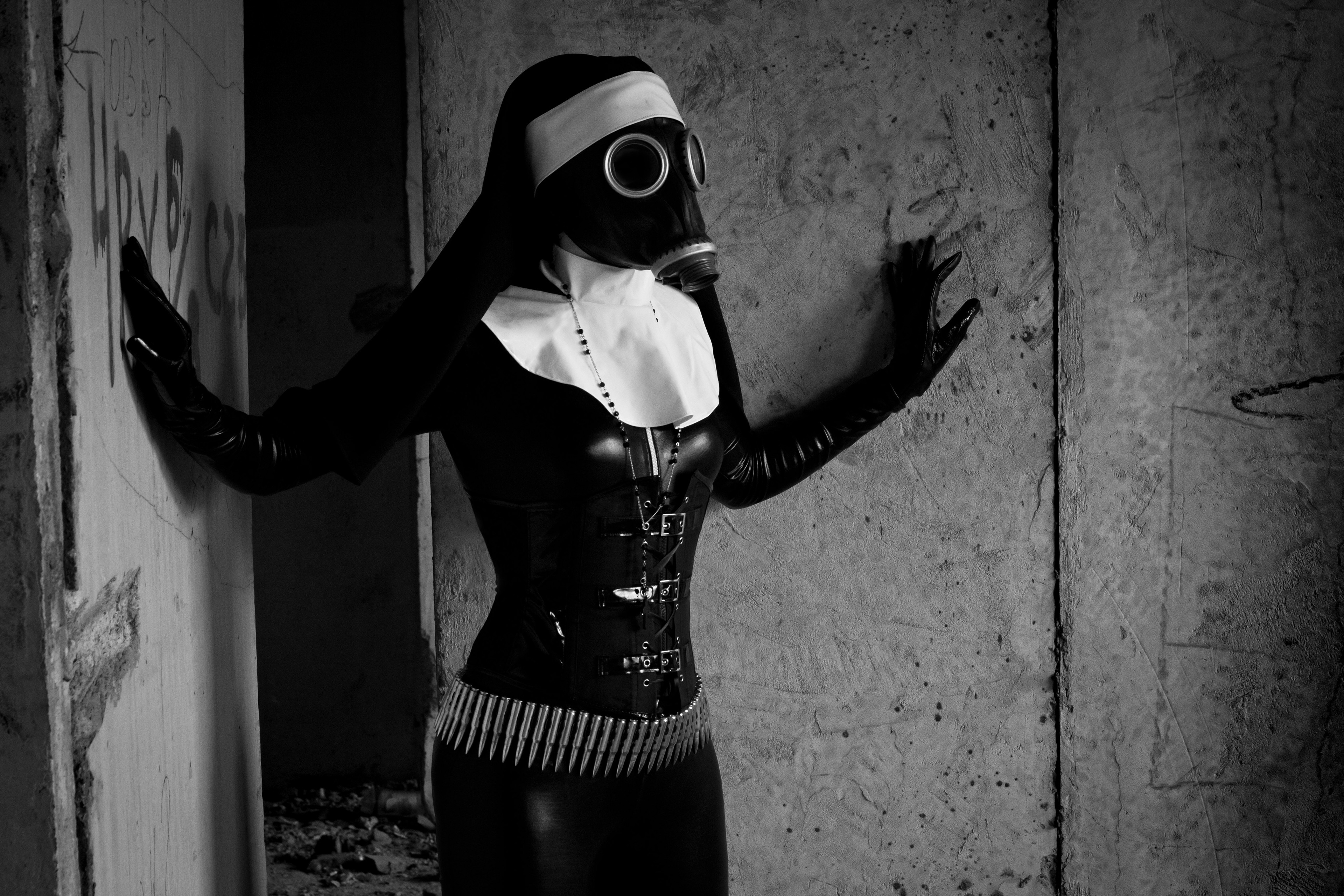 People 3840x2560 women model long hair monochrome looking at viewer latex gas masks nuns ammunition costumes wall gloves fetish women indoors indoors standing