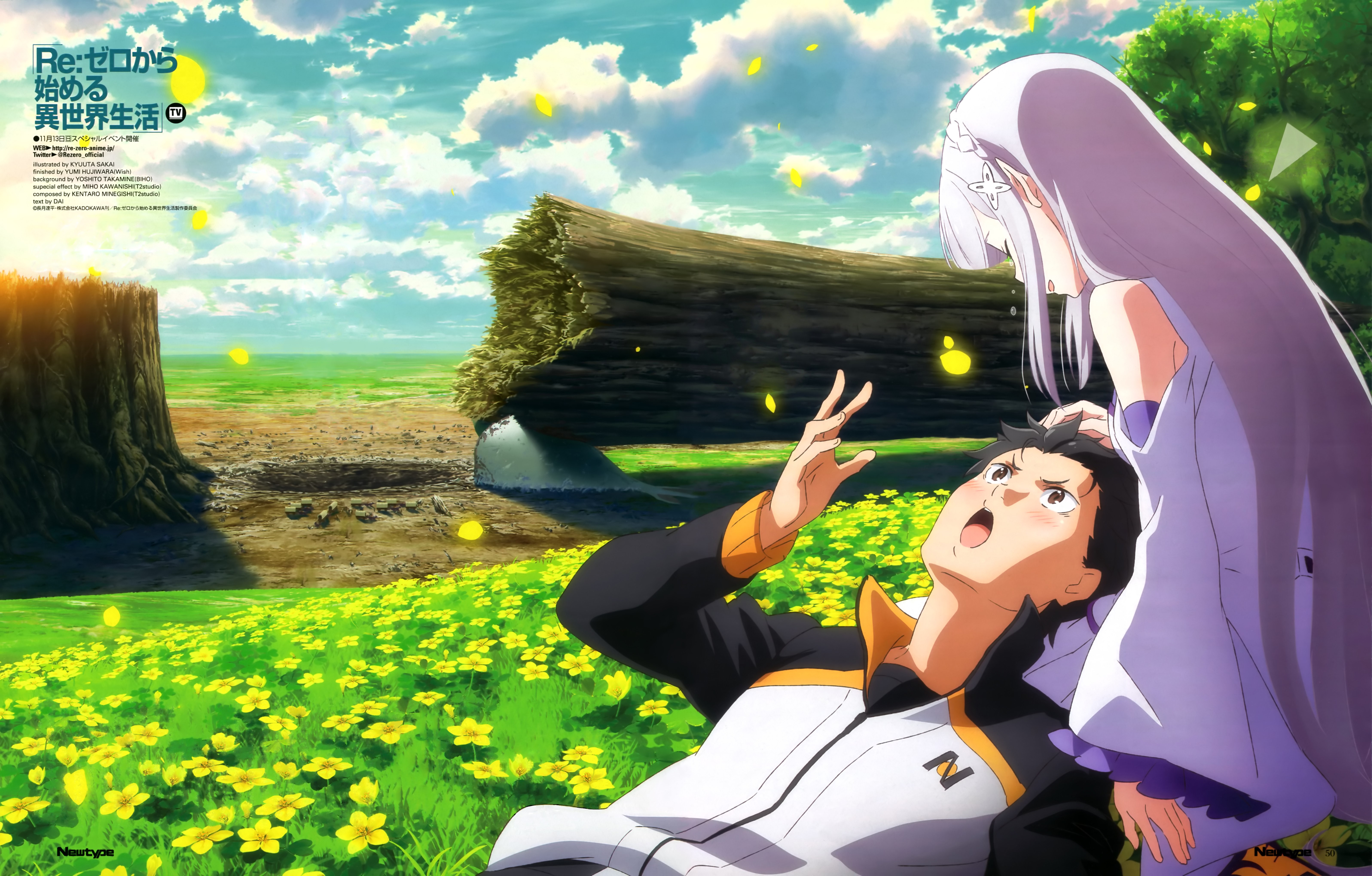 Anime 6387x4079 Re:Zero Kara Hajimeru Isekai Seikatsu Natsuki Subaru Emilia (Re: Zero) clouds blossoms trees