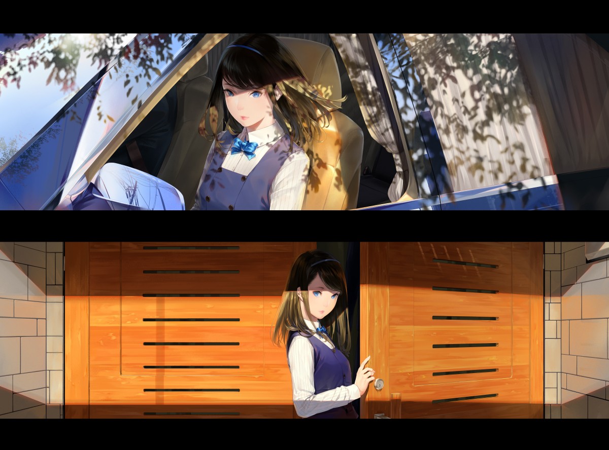 Anime 1200x888 Sawasawa car door anime girls brunette blue eyes school uniform