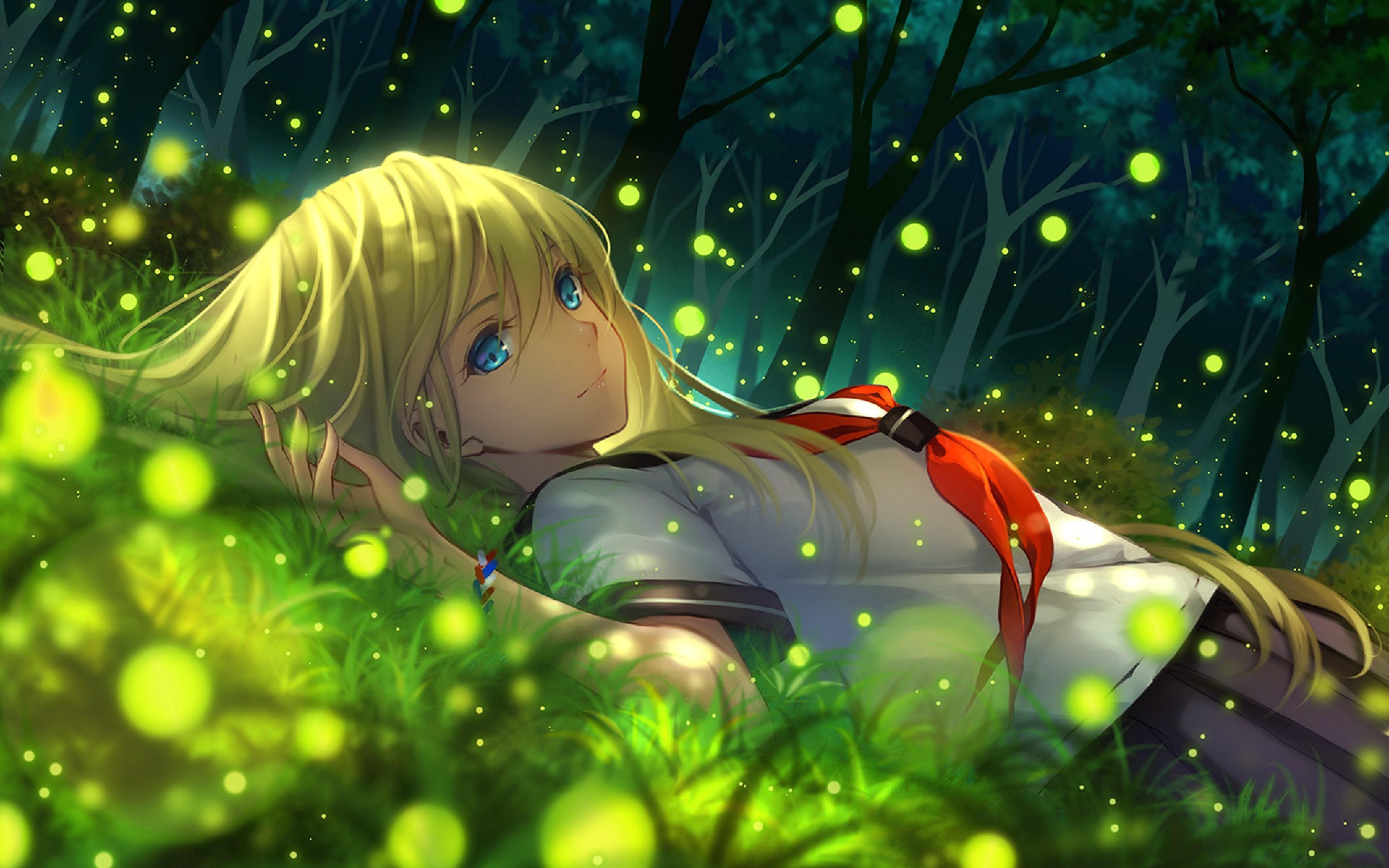 Anime 3840x2400 anime girls blue eyes anime blonde nature fireflies school uniform Tidsean Pixiv women outdoors outdoors lying down tie