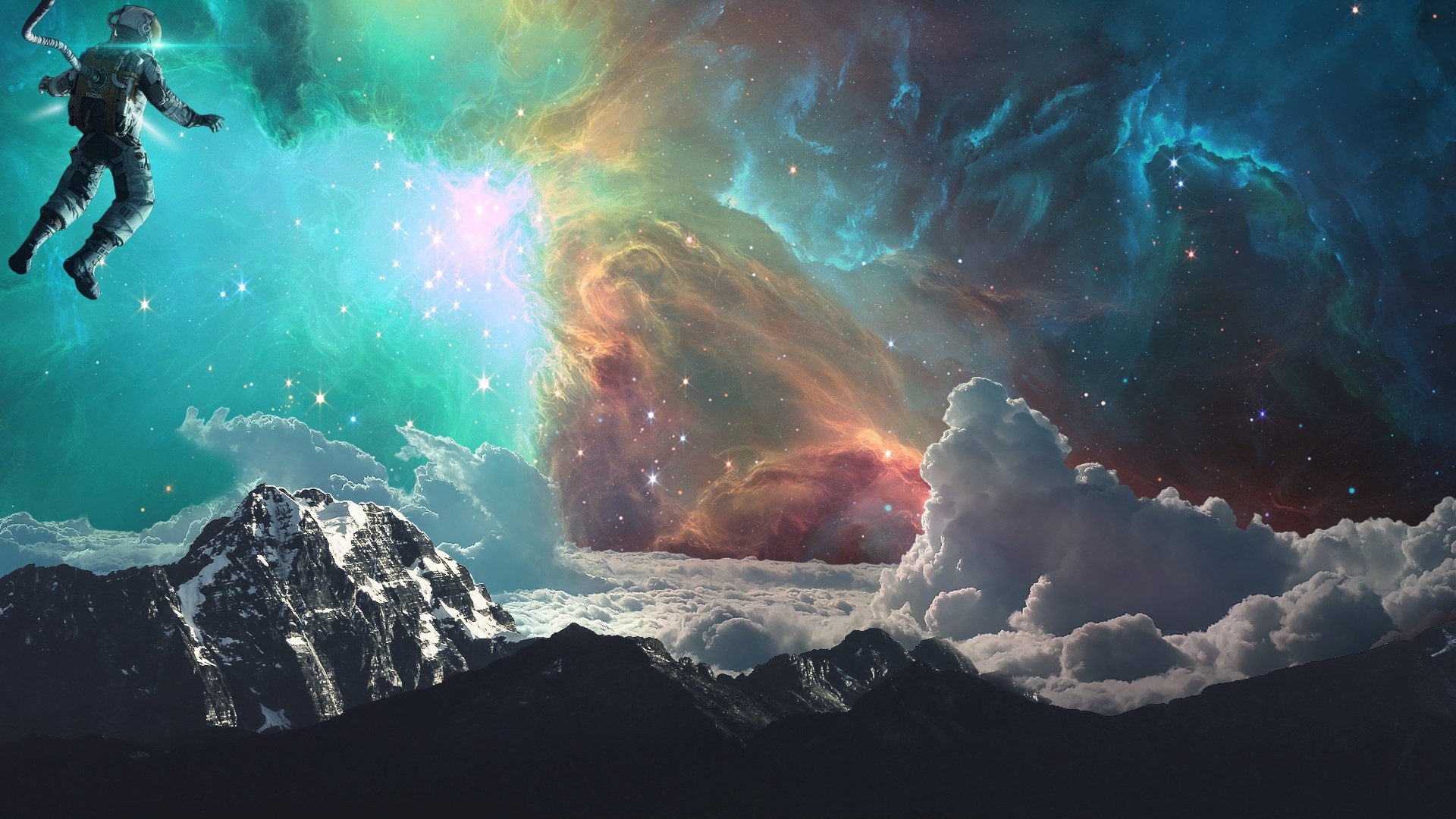 General 1920x1080 space astronaut galaxy Earth clouds mountains photo manipulation science fiction cyan blue stars nebula turquoise