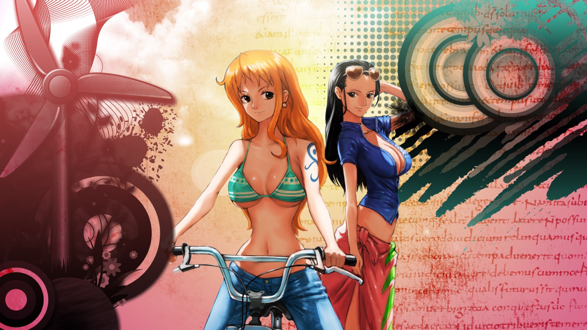 Anime 1920x1080 One Piece Nami Nico Robin anime anime girls two women women with bicycles bicycle vehicle boobs big boobs slim body blonde black hair women with shades sunglasses long hair bikini bikini top striped bikini