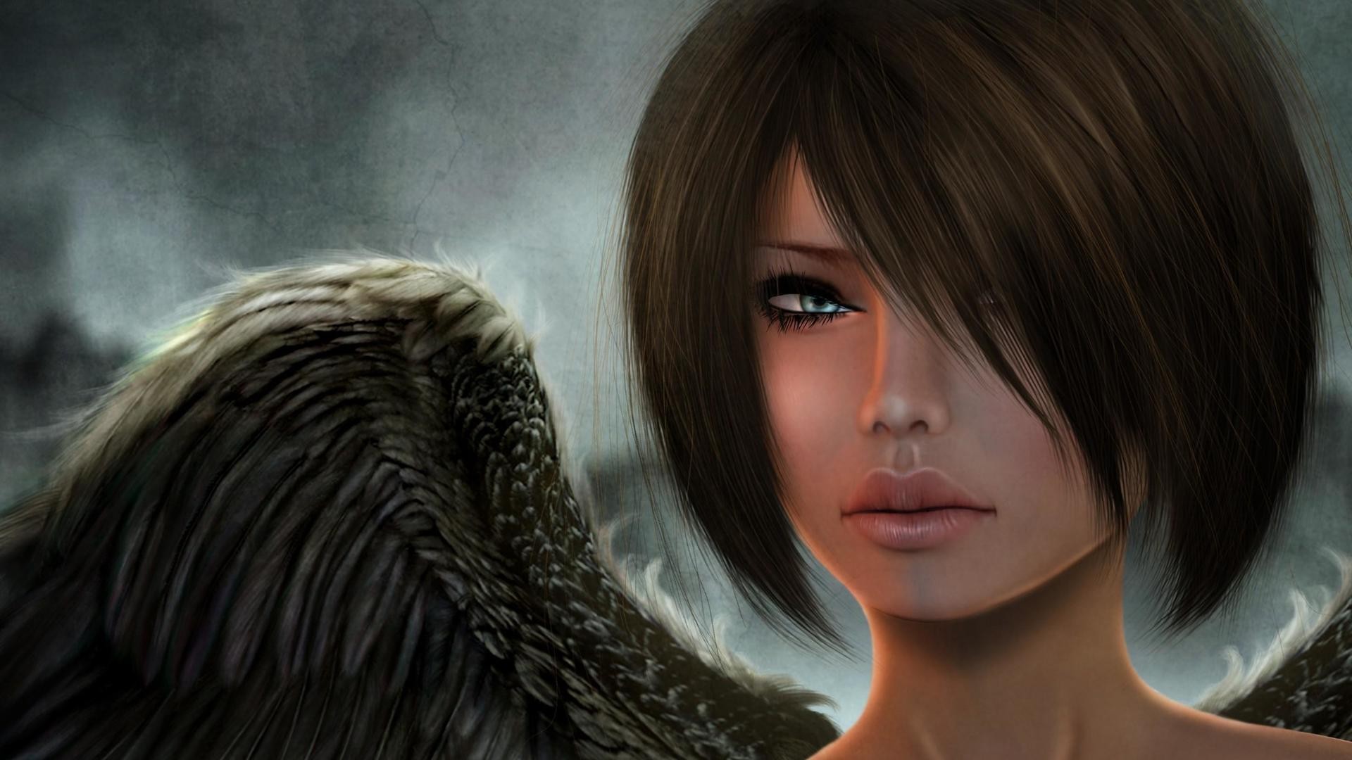 General 1920x1080 digital art fantasy art women wings angel CGI short hair face blue eyes hair in face hair over one eye portrait closeup looking at viewer fantasy girl
