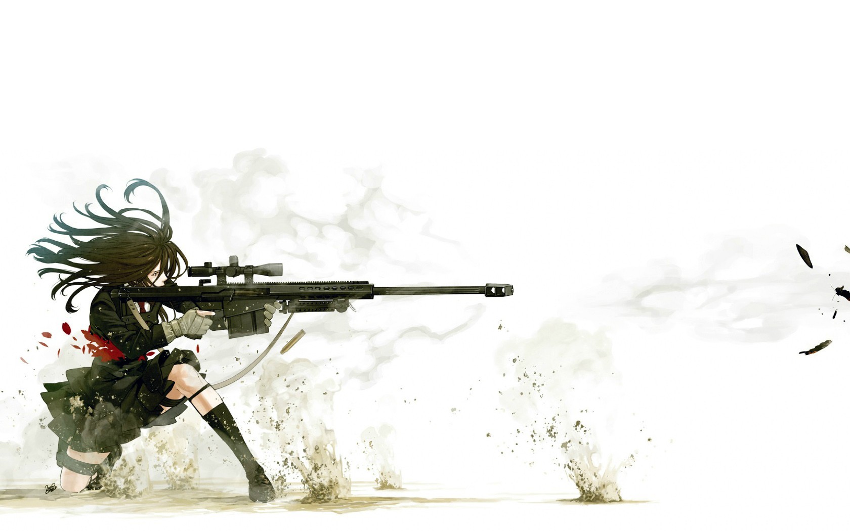 Anime 1680x1050 anime girls blood rifles sniper rifle Kozaki Yuusuke girls with guns aiming weapon long hair white background anime kneeling