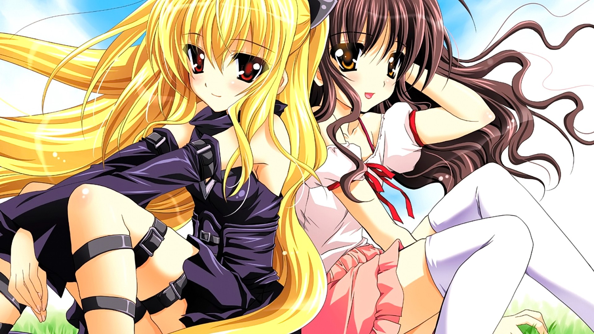Anime 1920x1080 anime anime girls To Love-ru Golden Darkness Yuuki Mikan two women long hair blonde brunette