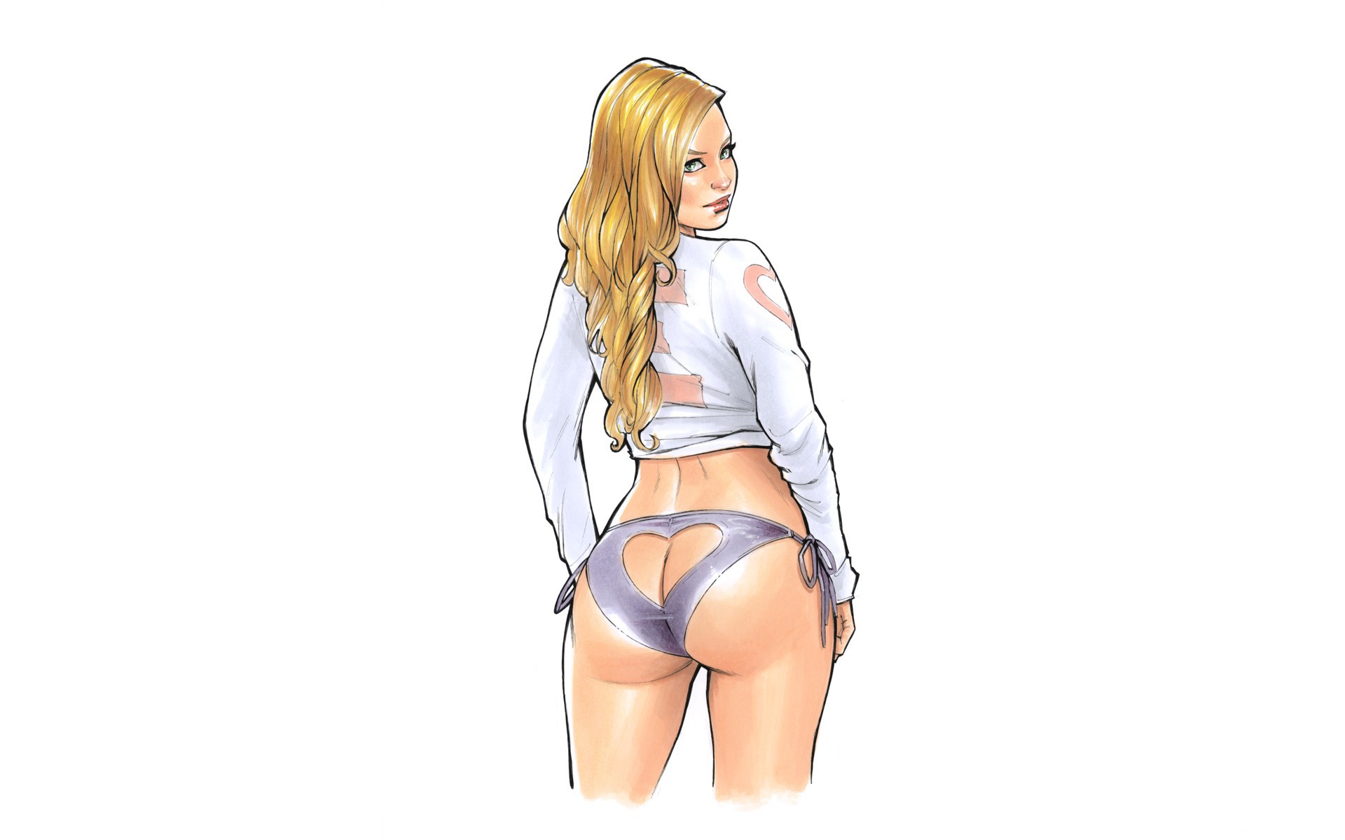 General 1920x1200 artwork ass women Elias Chatzoudis rear view blonde long hair looking over shoulder Heart (Clothing) white background simple background standing