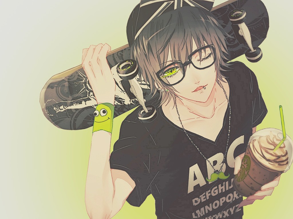 Anime 1024x768 glasses anime boys skateboard green eyes simple background food