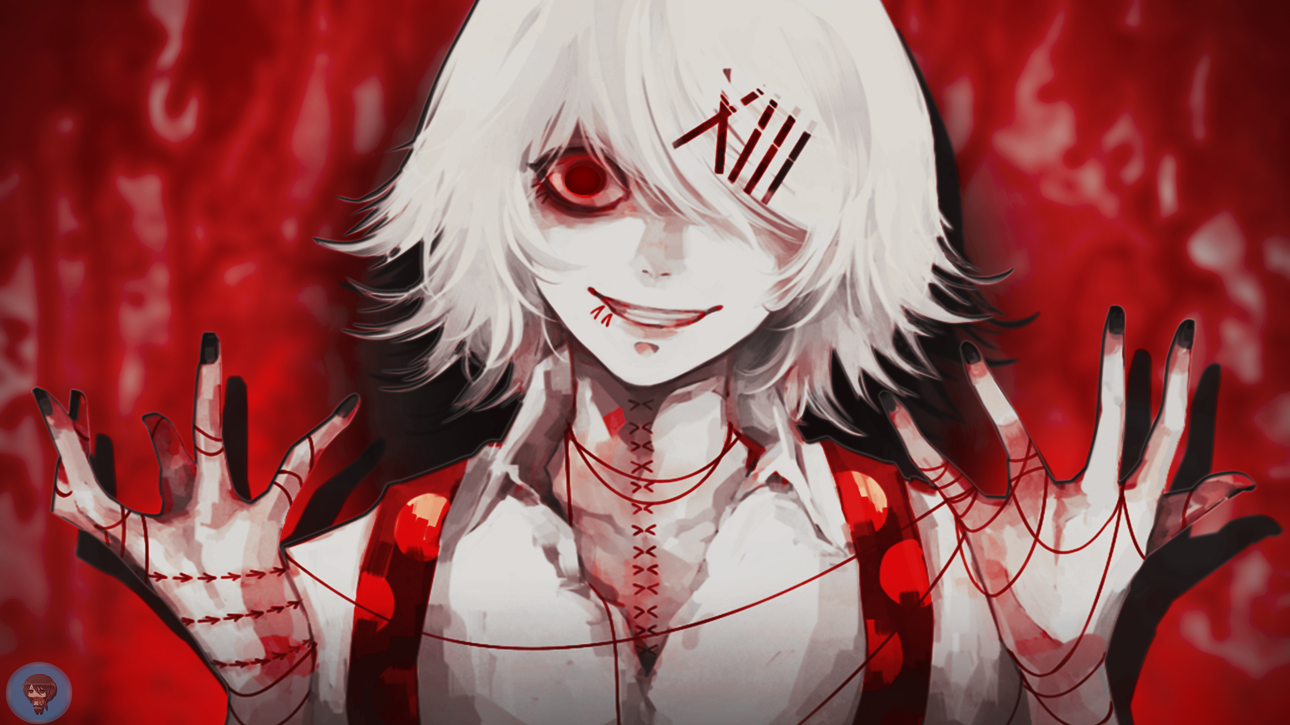 Anime 2560x1440 anime Tokyo Ghoul Suzuya Juuzou blood wacky painted nails red eyes anime girls hair in face red background