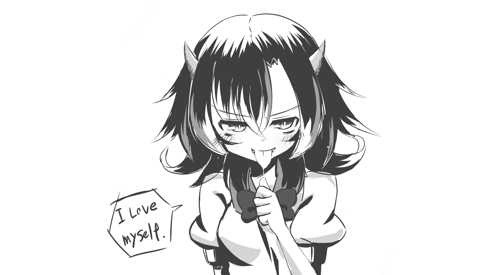 Anime 1920x1080 Kijin Seija  Touhou tongue out horns monochrome looking at viewer solo smiling short sleeves short hair saliva saliva trail fangs open mouth multi-colored hair
