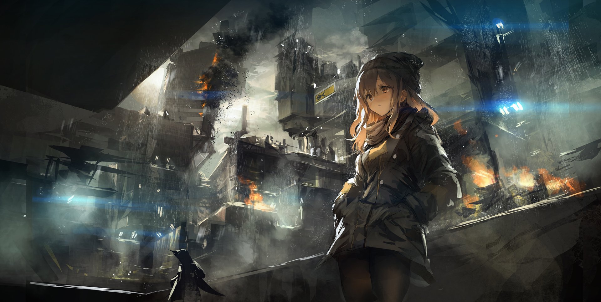 Anime 1920x965 anime anime girls building hat fire destruction blonde _LM7_ city standing women with hats women