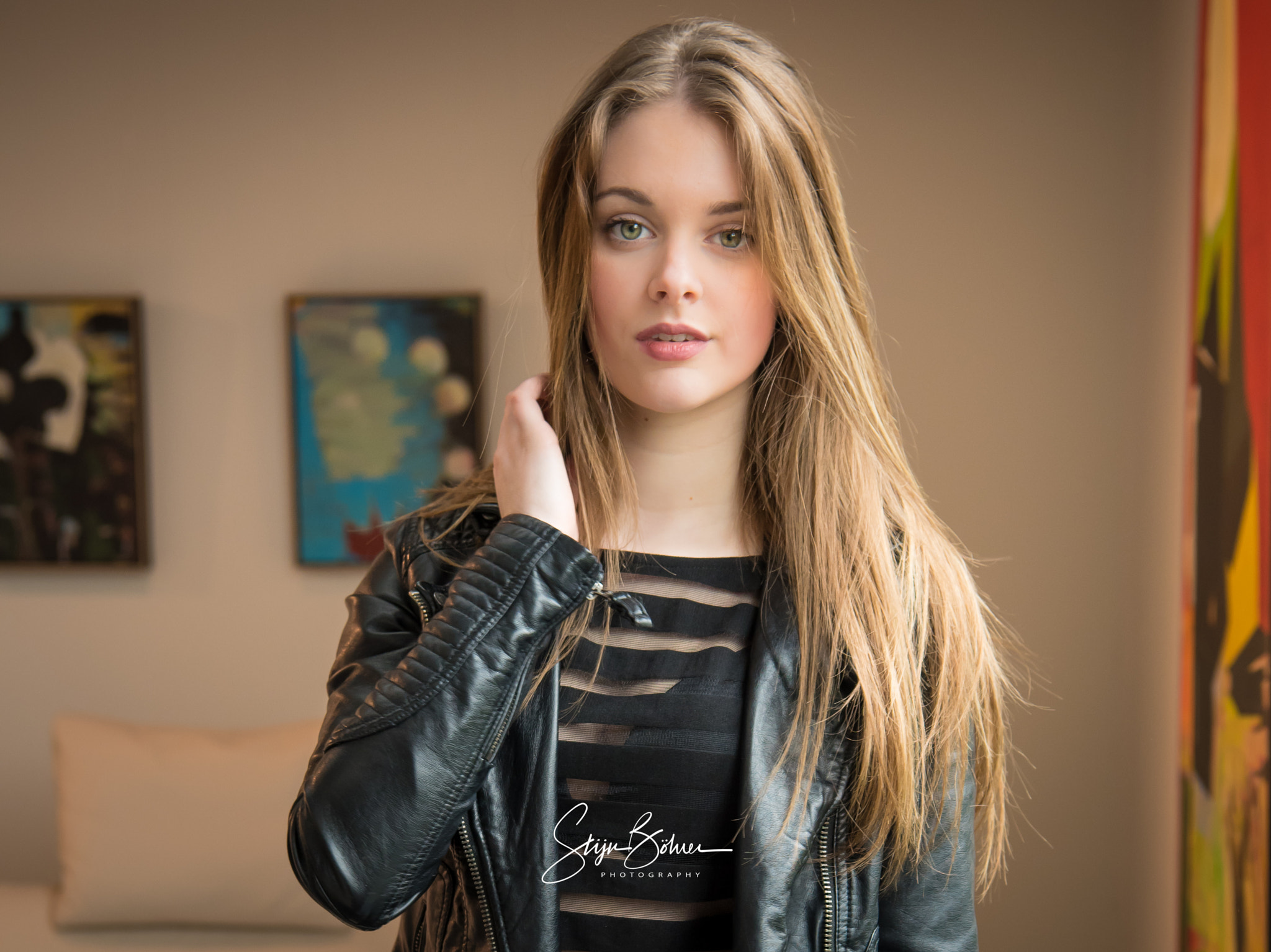 People 2048x1534 women blonde leather jacket portrait Stijn Böhrer long hair black jackets straight hair touching hair women indoors open jacket green eyes black clothing see-through clothing solo