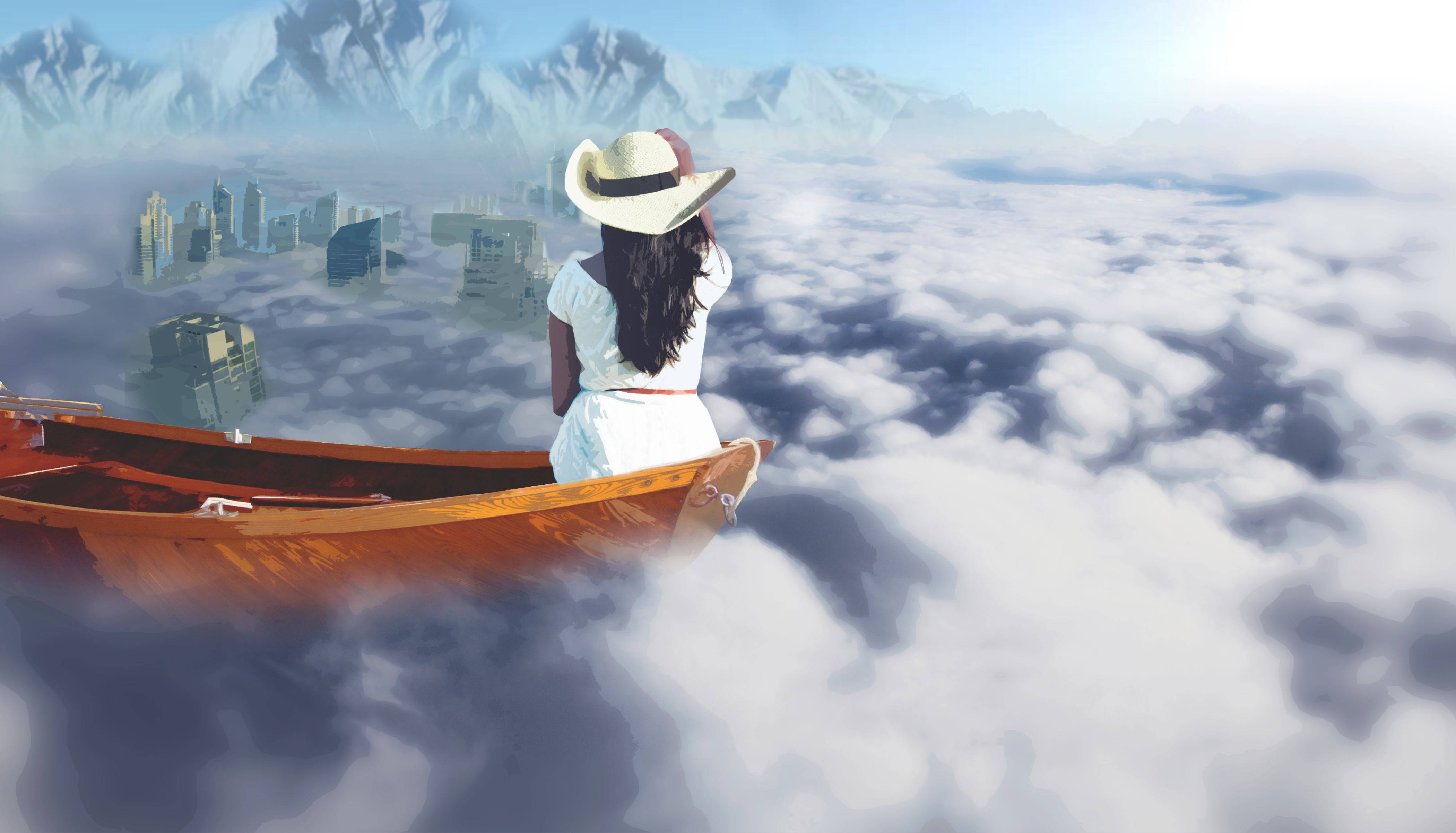 General 4200x2403 concept art digital art clouds boat women white dress mountains photoshopped