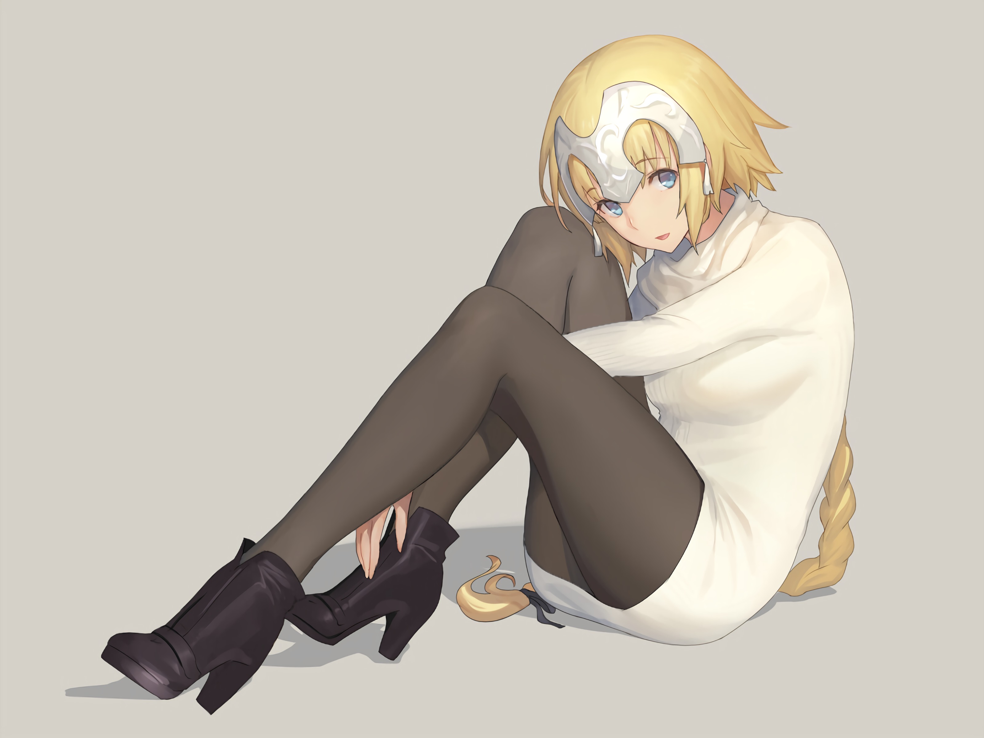 Anime 3200x2400 Fate series Fate/Apocrypha  Ruler (Fate/Apocrypha) long hair anime girls blue eyes pantyhose Fate/Grand Order thigh high boots thick thigh white sweater big boobs black boots curvy 2D Jeanne d'Arc (Fate) braided hair armor open mouth looking at viewer simple background fan art blonde sweater
