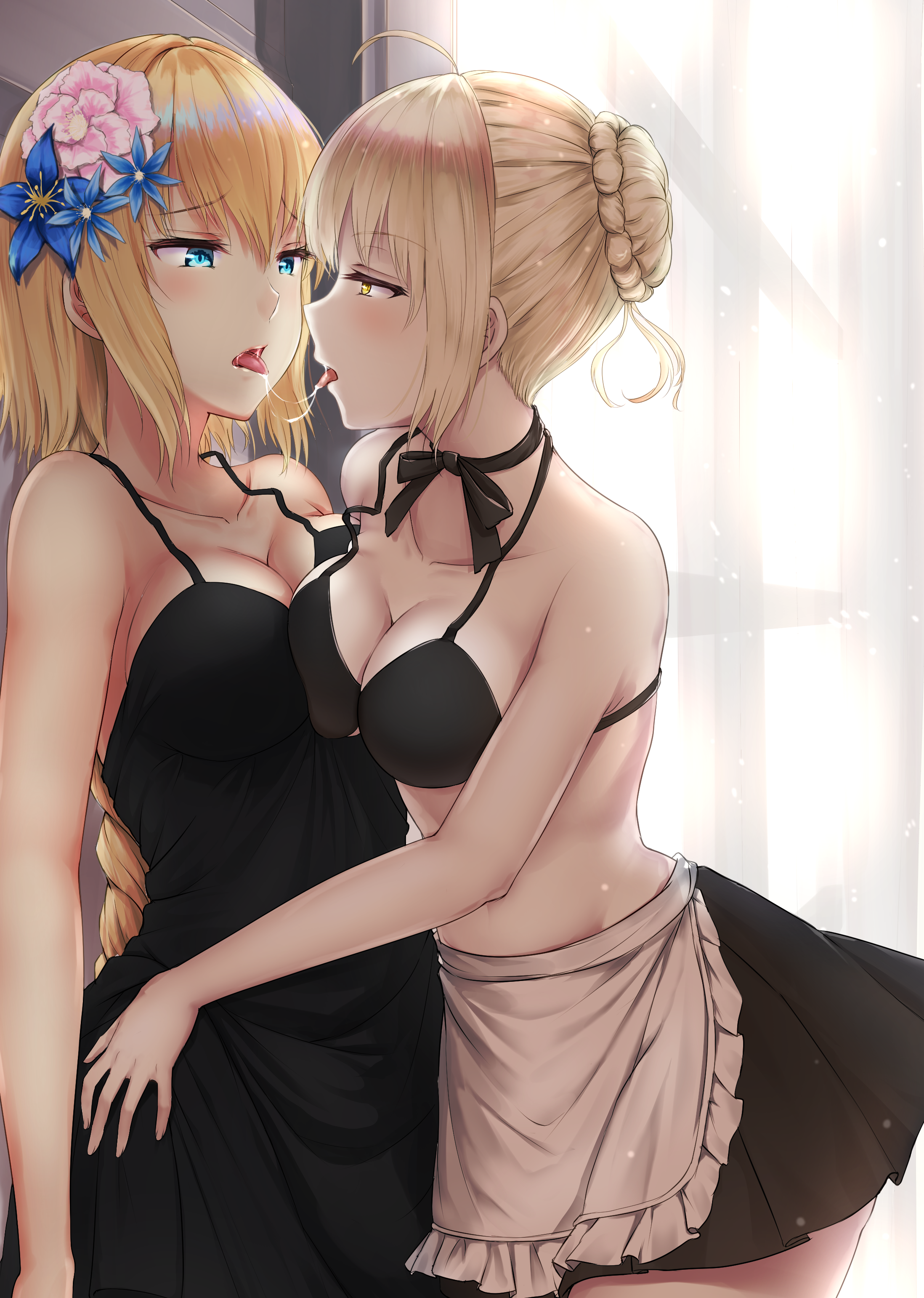Anime 2196x3083 boobs on boobs hugging thick ass thighs black dress maid outfit anime girls Fate series long hair ahoge ecchi 2D glutes Saber Alter fan art anime curvy Primamiya artwork Artoria Pendragon yuri lesbians Fate/Grand Order fate/stay night: heaven's feel Fate/Apocrypha  blonde maid bikini pressed boobs frontal view saliva trail portrait display saliva hair between eyes bangs indoors women indoors hairbun tongue out embarrassed kissing big boobs bare shoulders wide hips aqua eyes belly button sideboob cleavage flower in hair french braids curtains Ruler (Fate/Apocrypha) Jeanne d'Arc (Fate) maid tongues