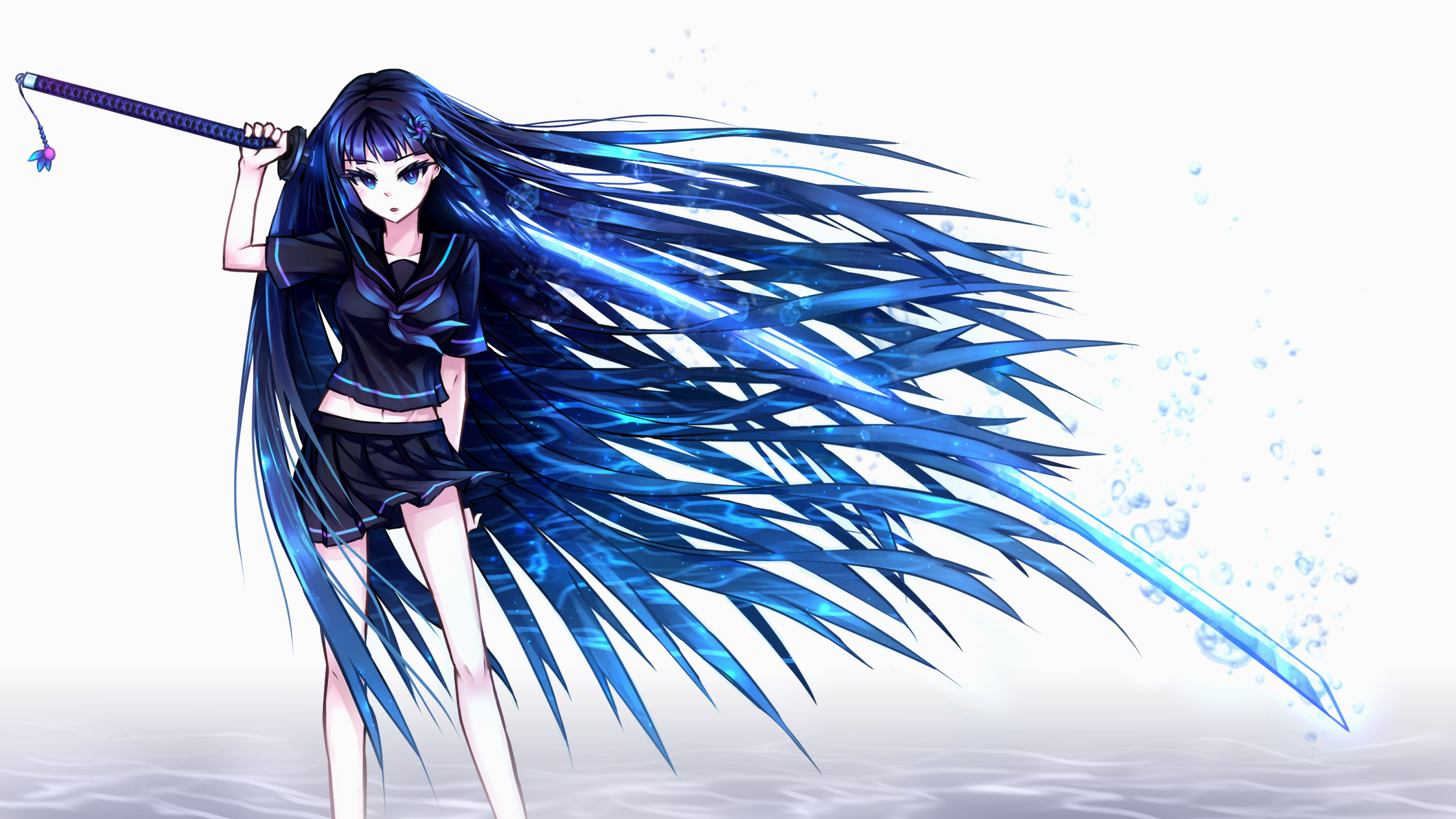 Anime 2500x1406 anime anime girls women with swords sword blue eyes miniskirt long hair blue hair weapon katana